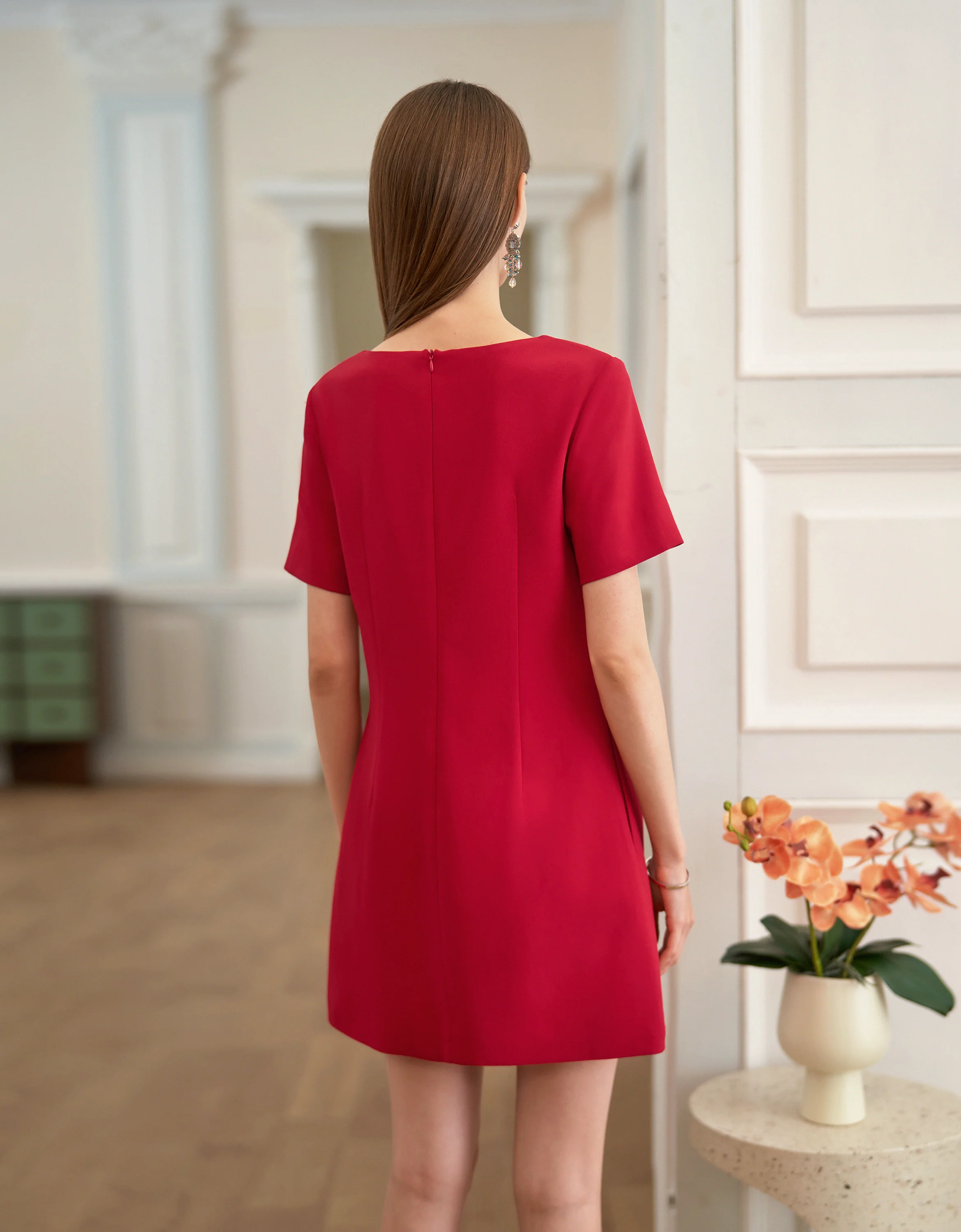 Acetate-blend Bow Neckline Short Sleeve Dress - Image 3