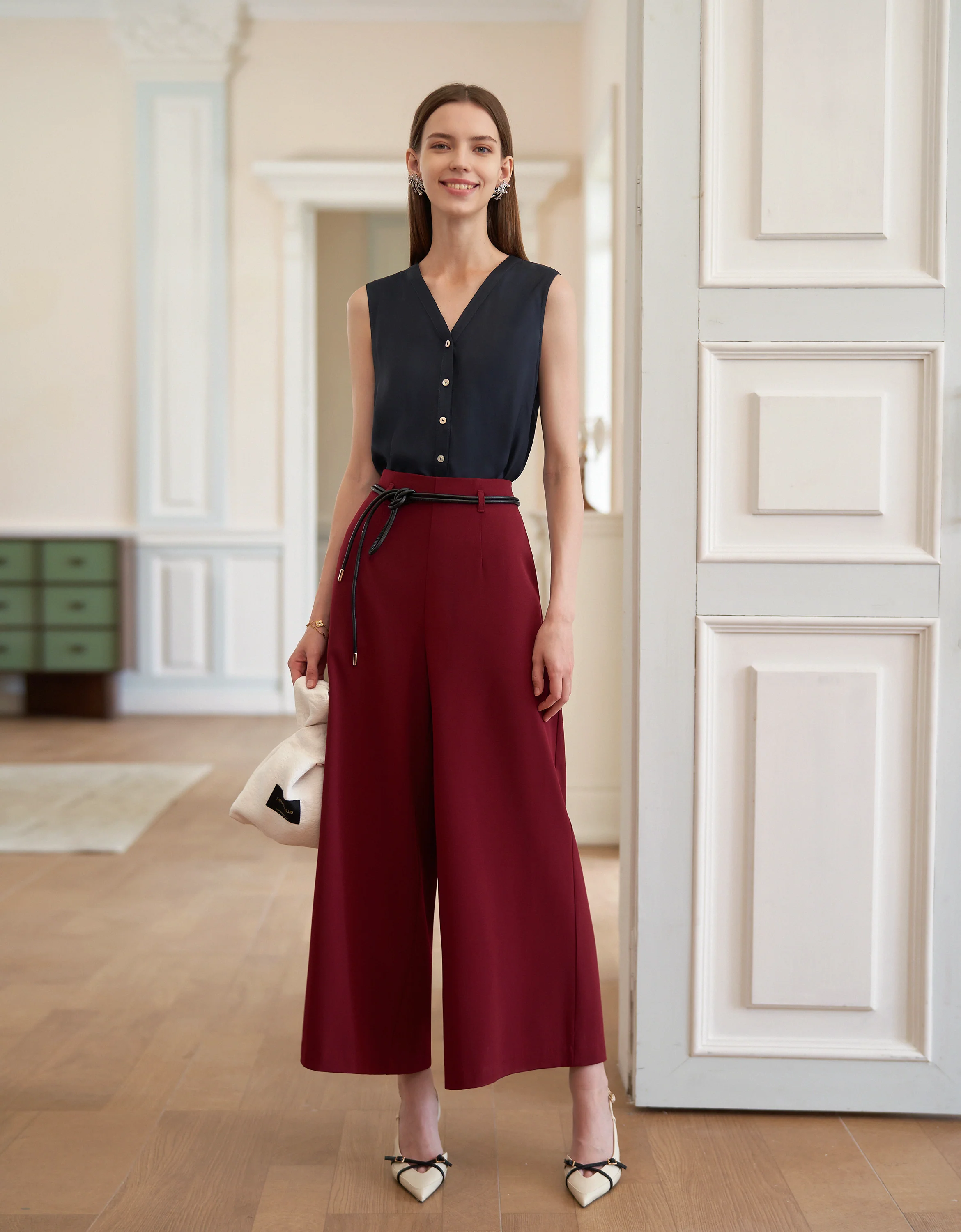 Acetate-blend Button Front V-neck Top - Image 3