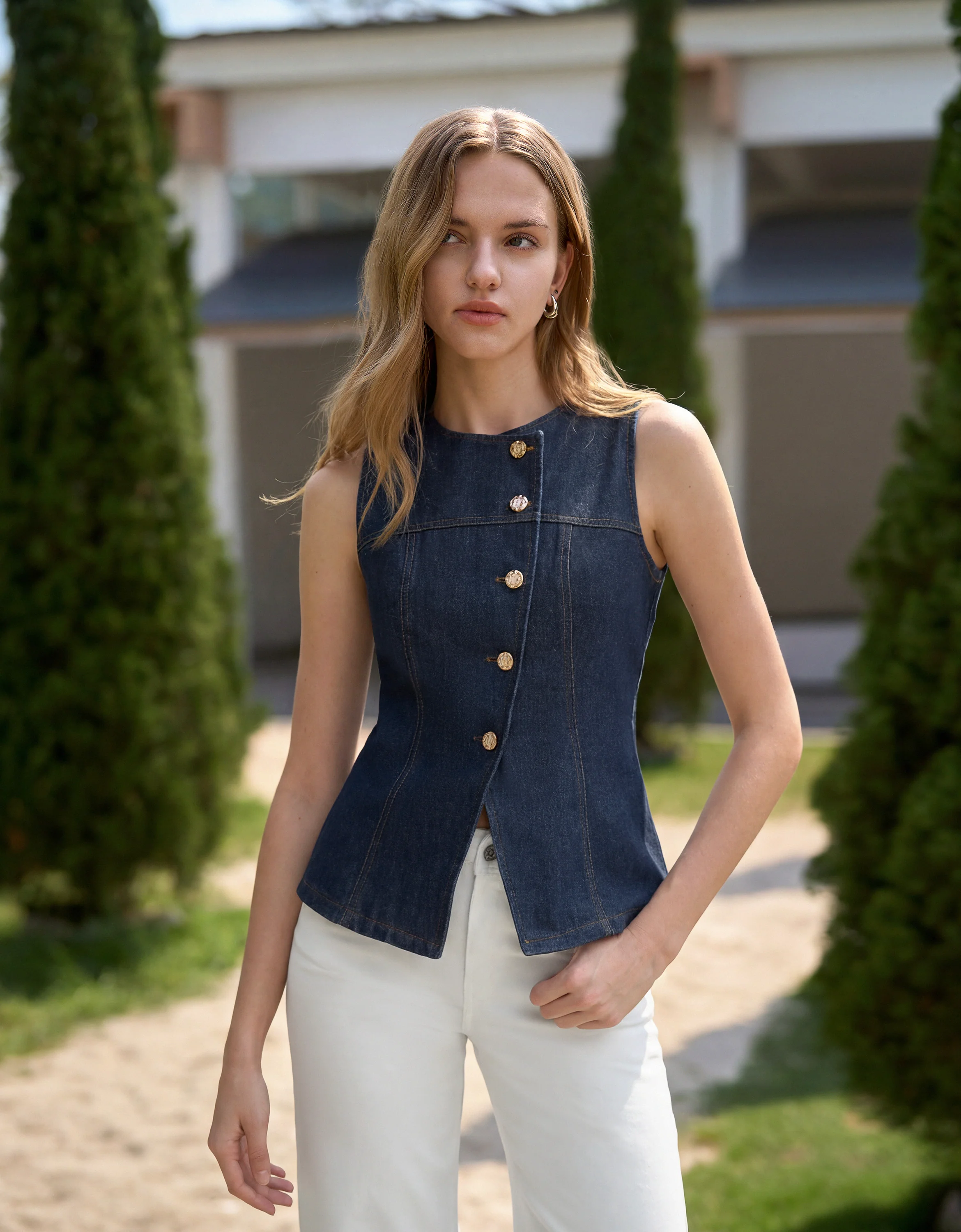 Asymmetric Button Front Vest Top