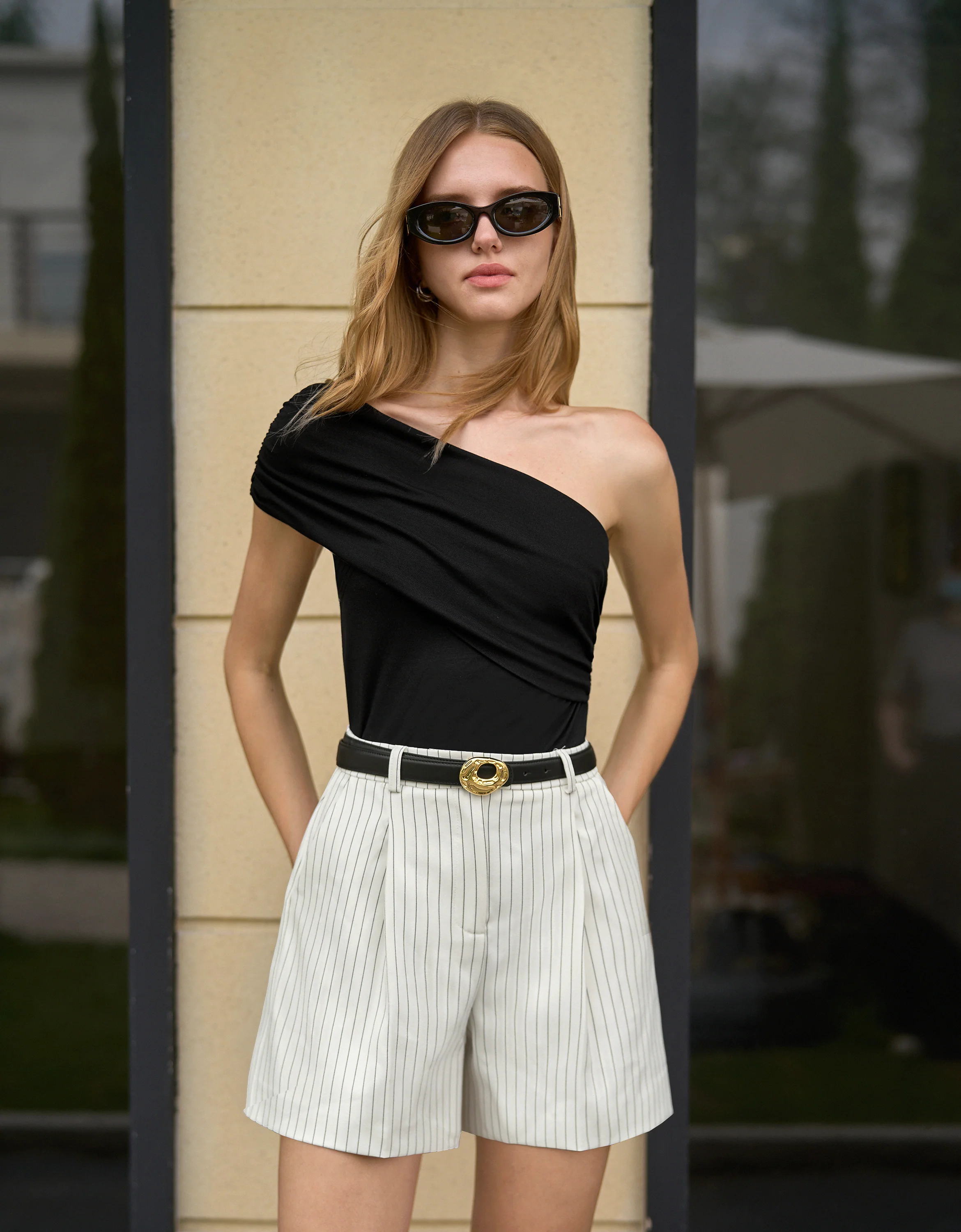 Asymmetric Off Shoulder Pleated Knit Top