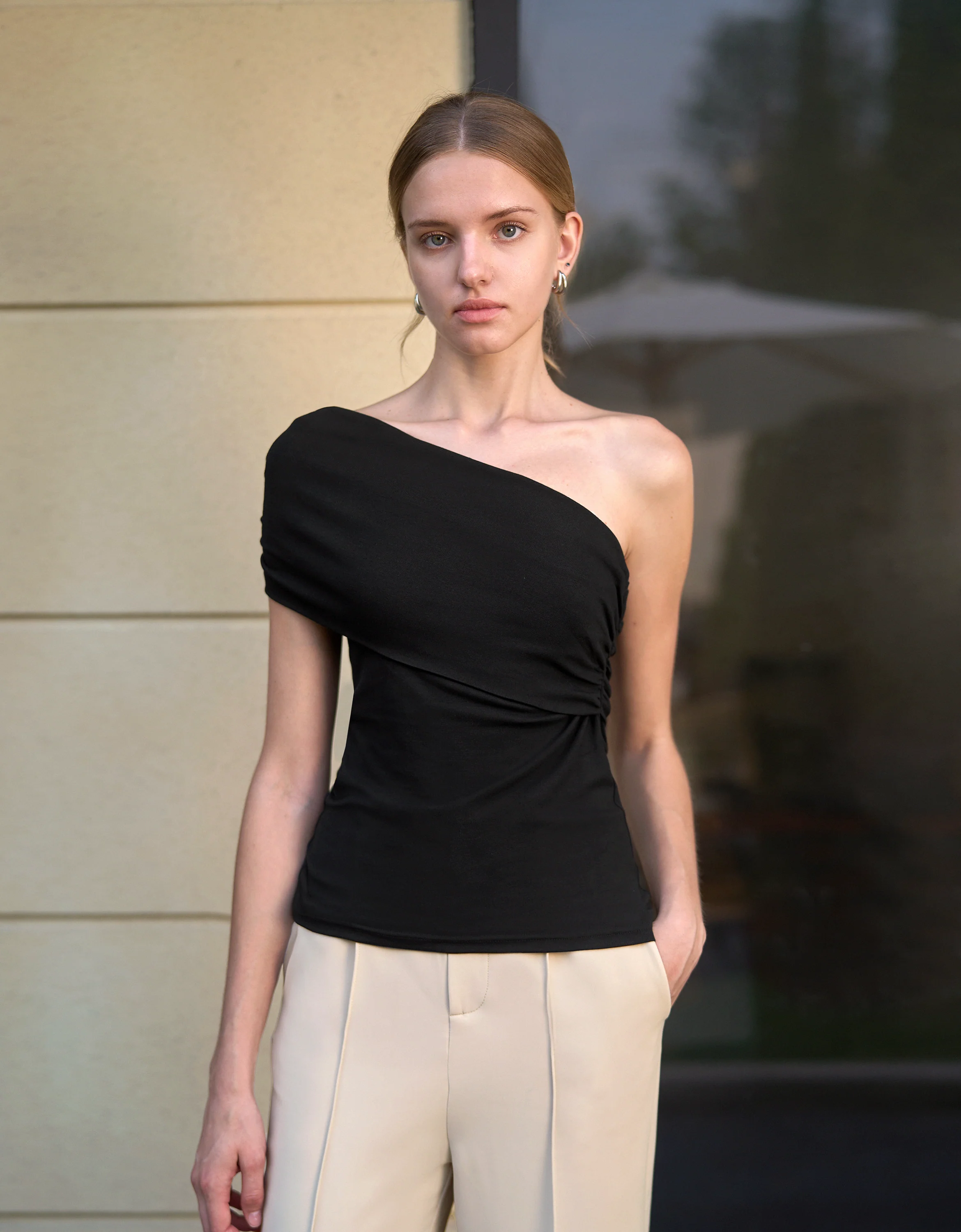 Asymmetric Off Shoulder Pleated Knit Top - Image 7