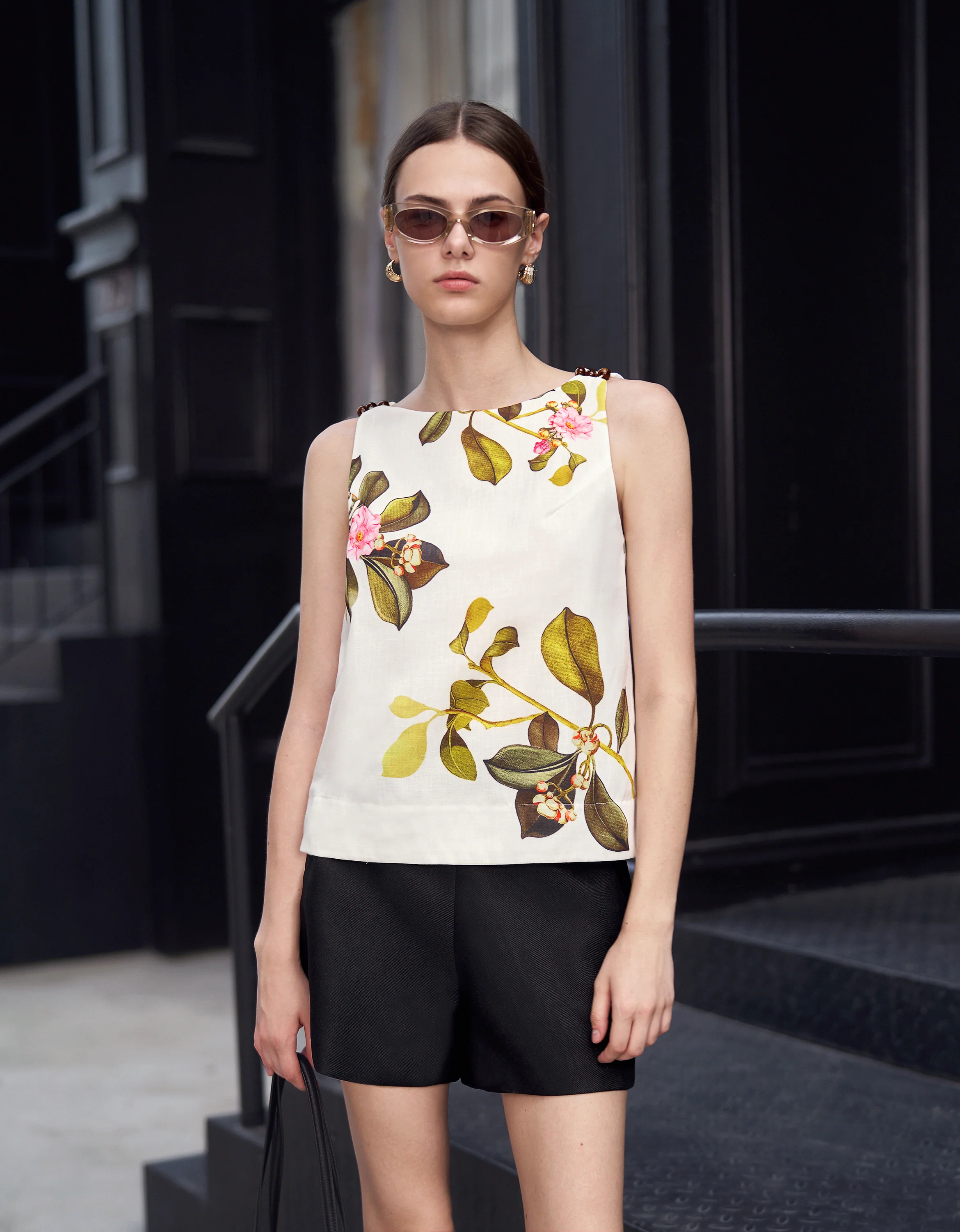 Botanical Print Beaded Shoulder Sleeveless Top - Image 3