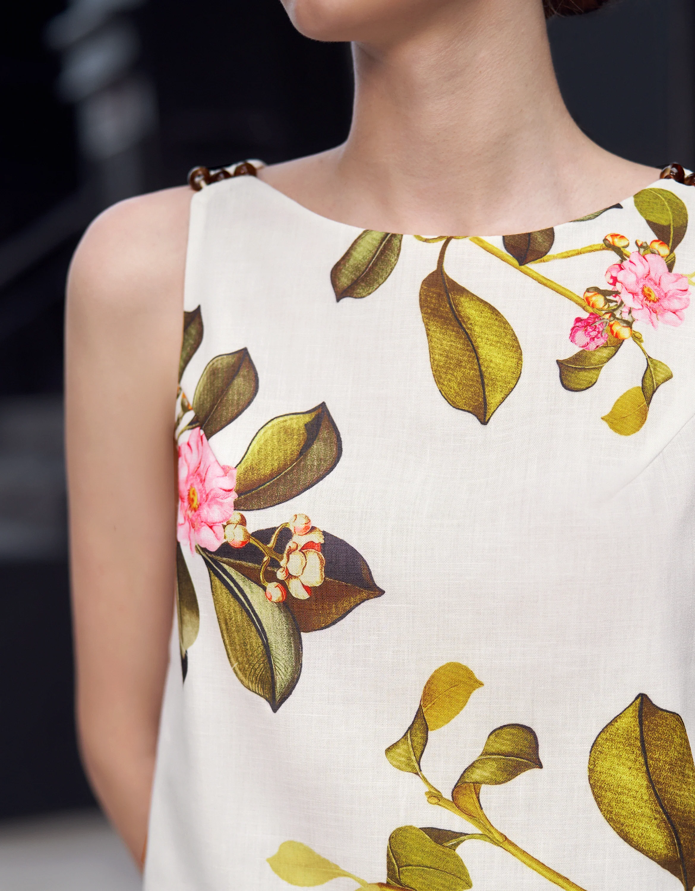 Botanical Print Beaded Shoulder Sleeveless Top - Image 4