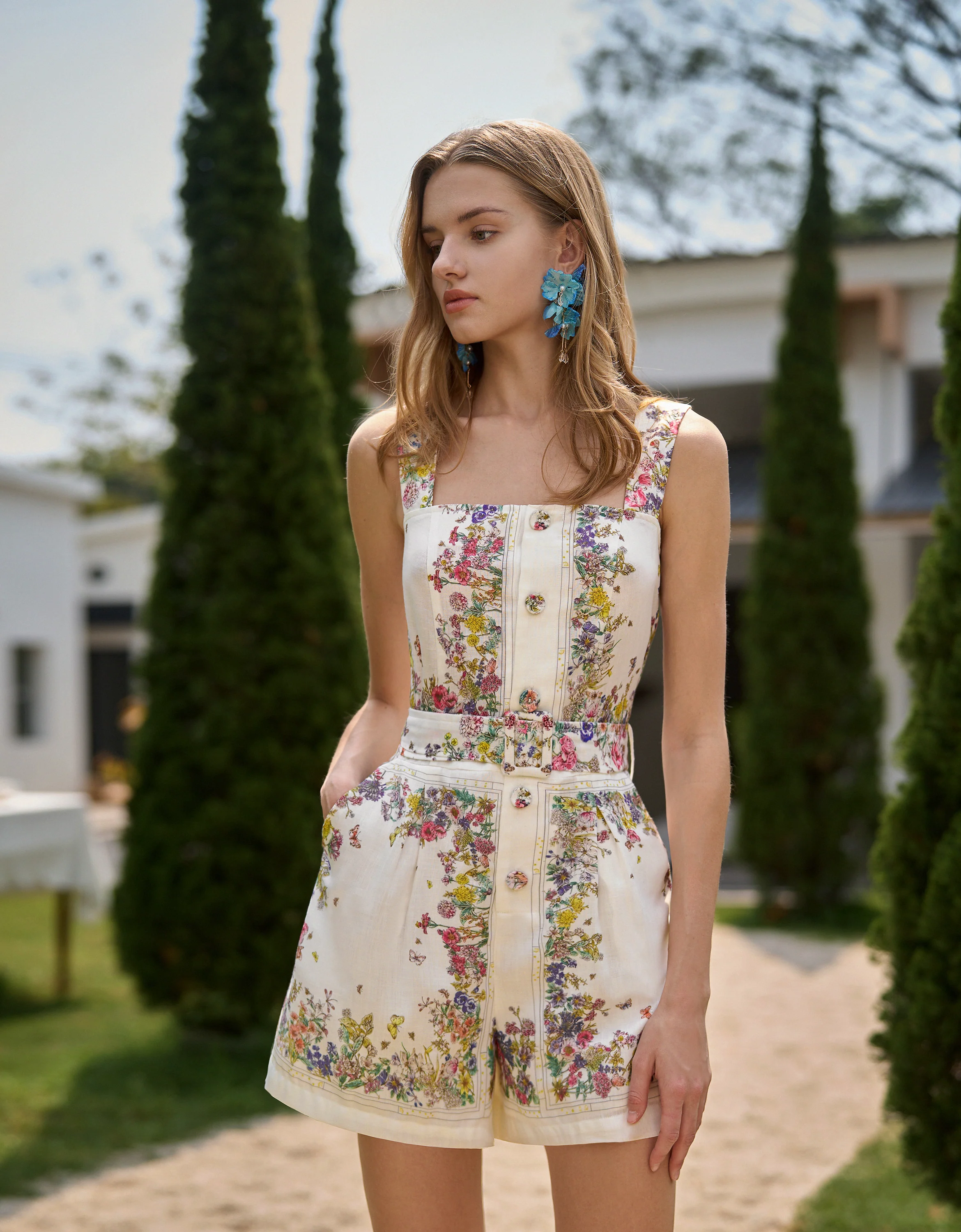 Botanical Print Button Front Belted Romper - Image 3