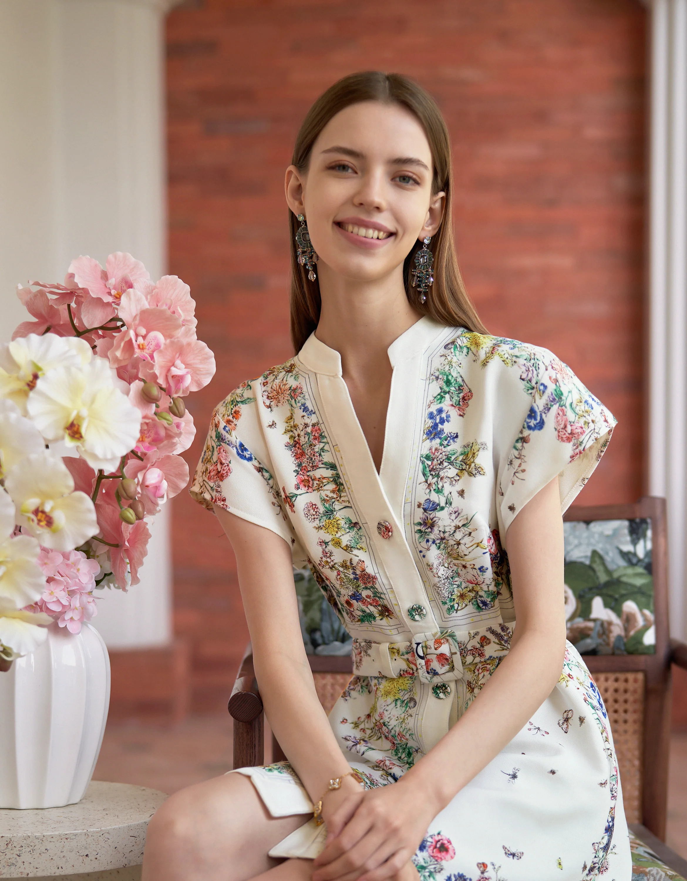 Botanical Print Button Front Cap Sleeve Dress - Image 8