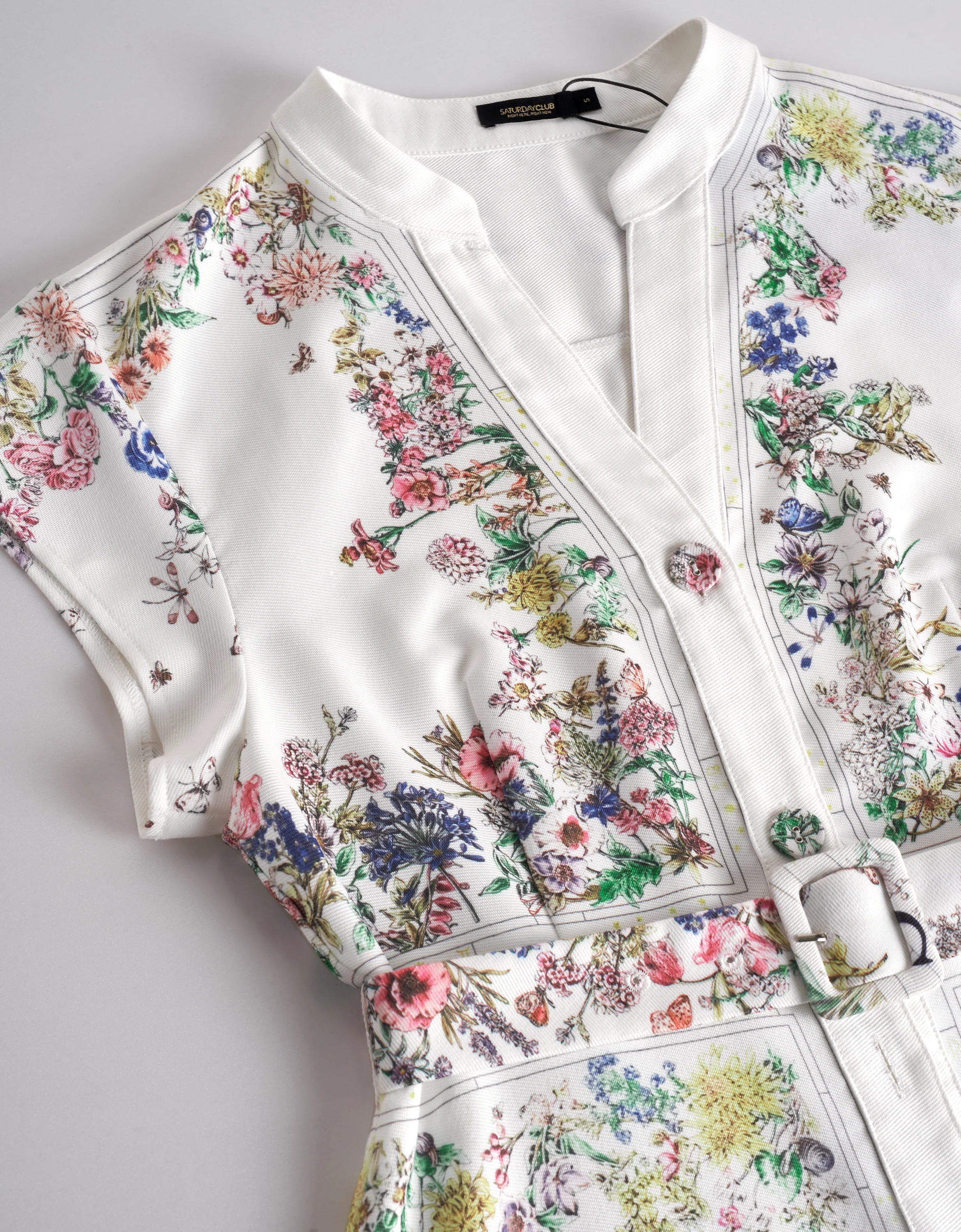 Botanical Print Button Front Cap Sleeve Dress - Image 9