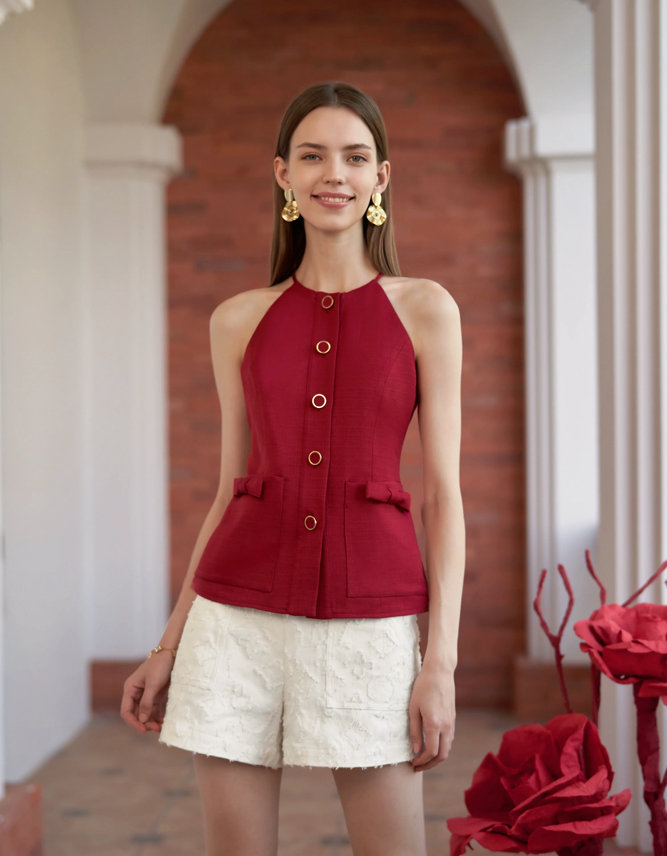 Bow Detail Button Front Sleeveless Top - Image 11