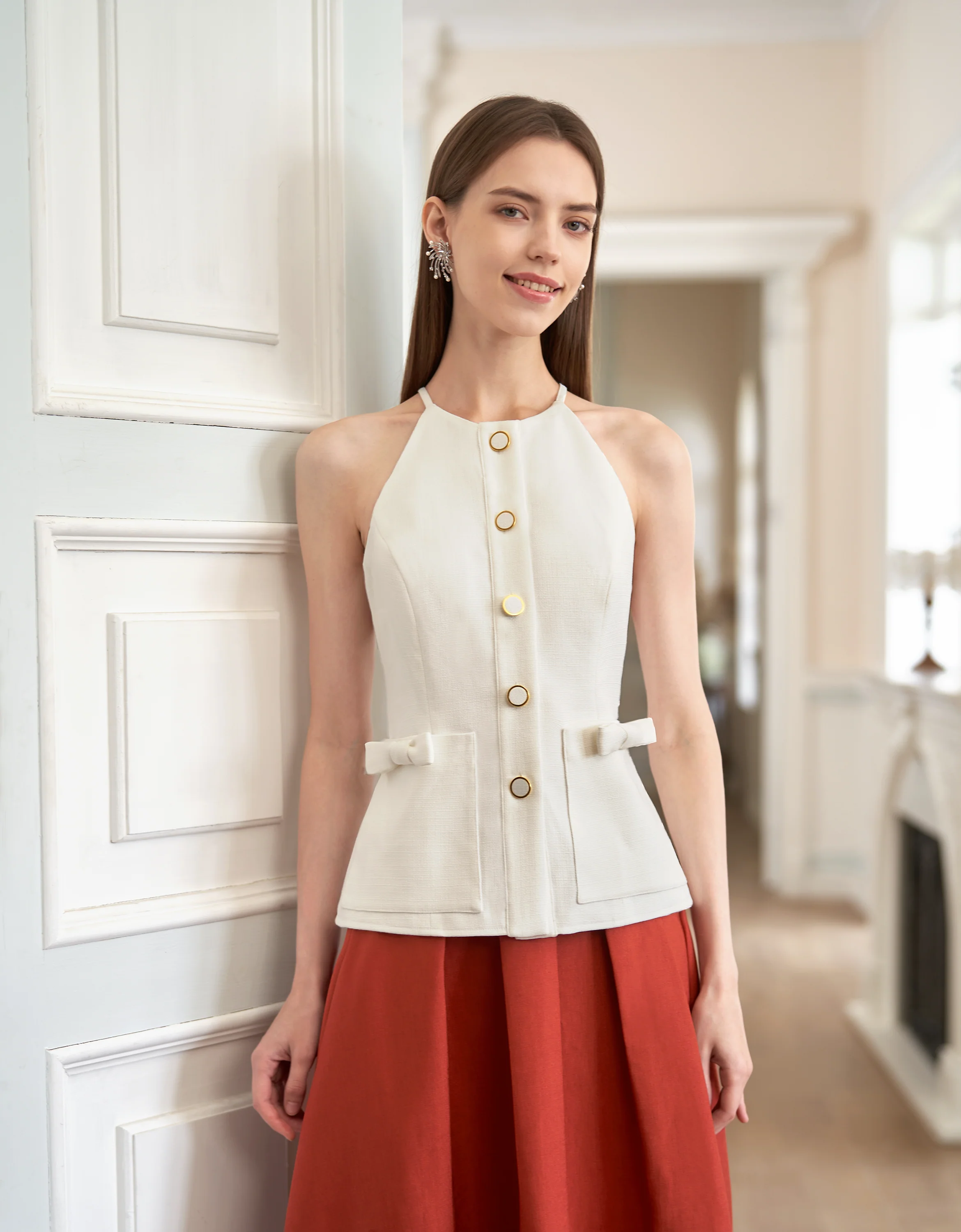 Bow Detail Button Front Sleeveless Top - Image 20