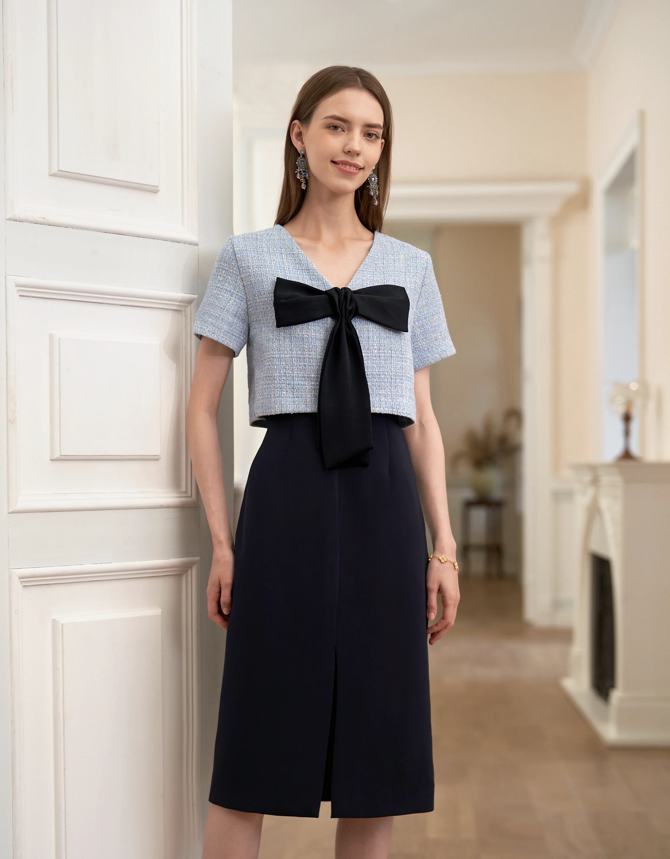 Bow Detail Colorblock Short Sleeve Midi Dress - Image 9