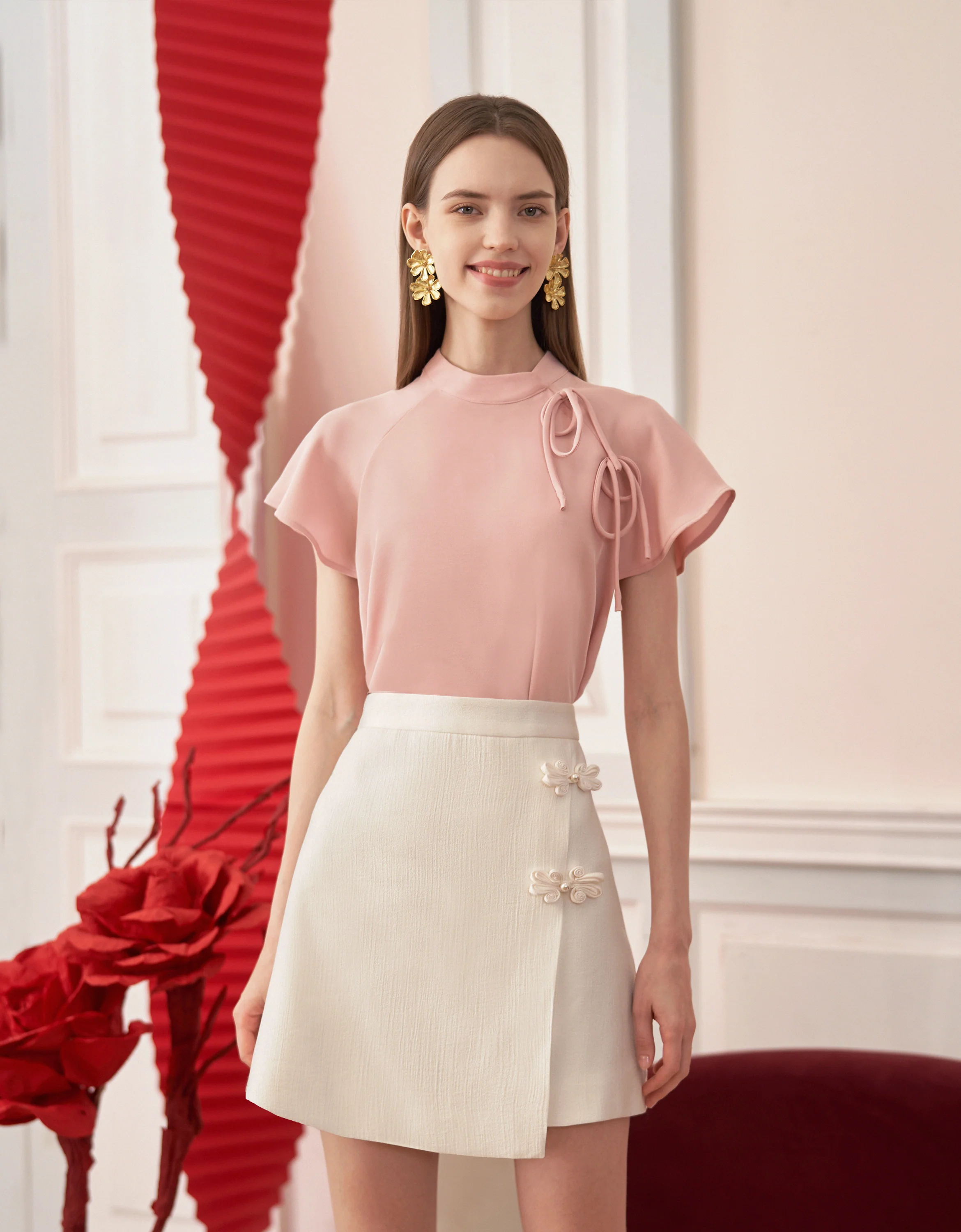 Bow Detail Mandarin Collar Short Sleeve Top - Image 2