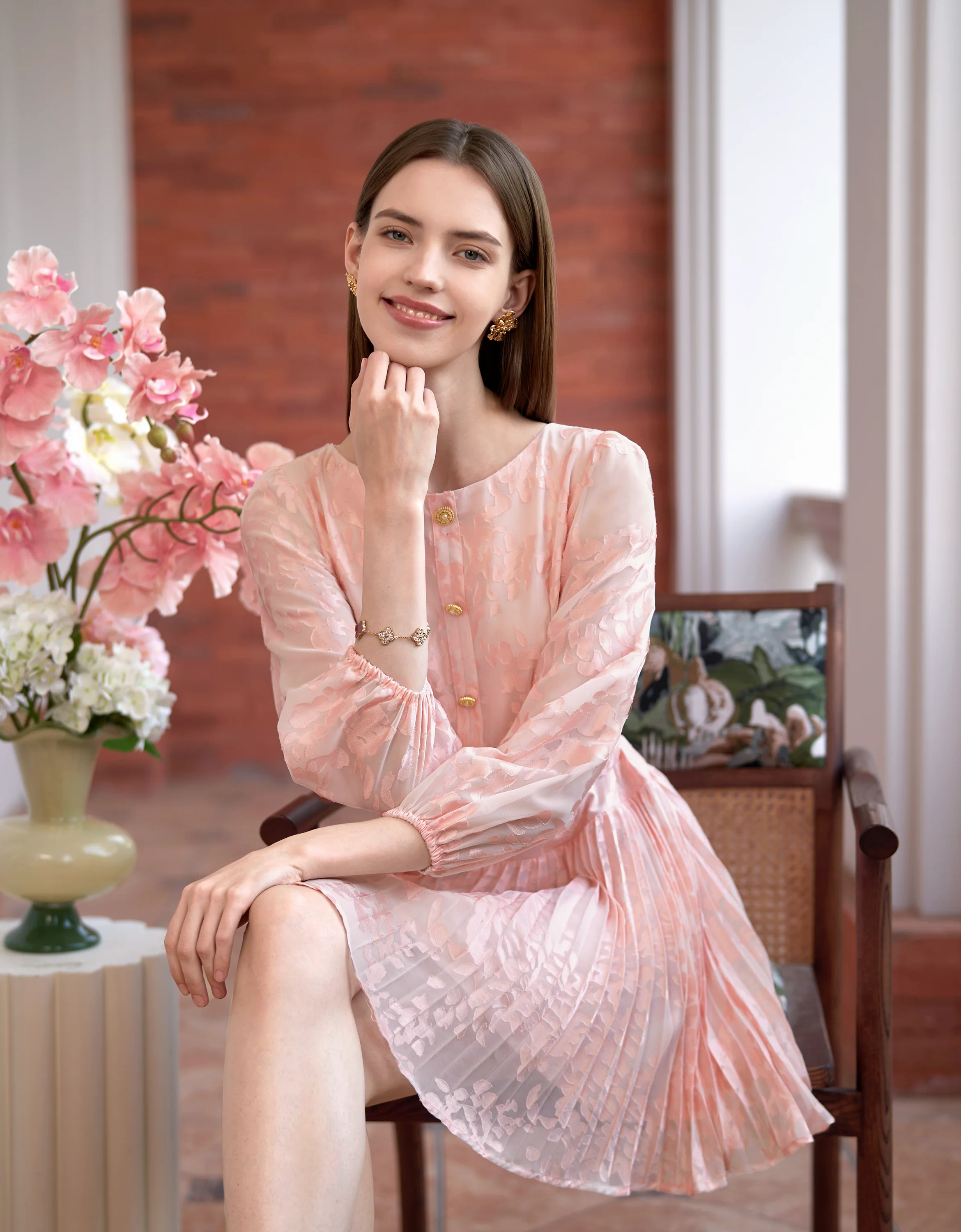 Burnished Fabric 3/4 Sleeve Pleated Dress - Image 2