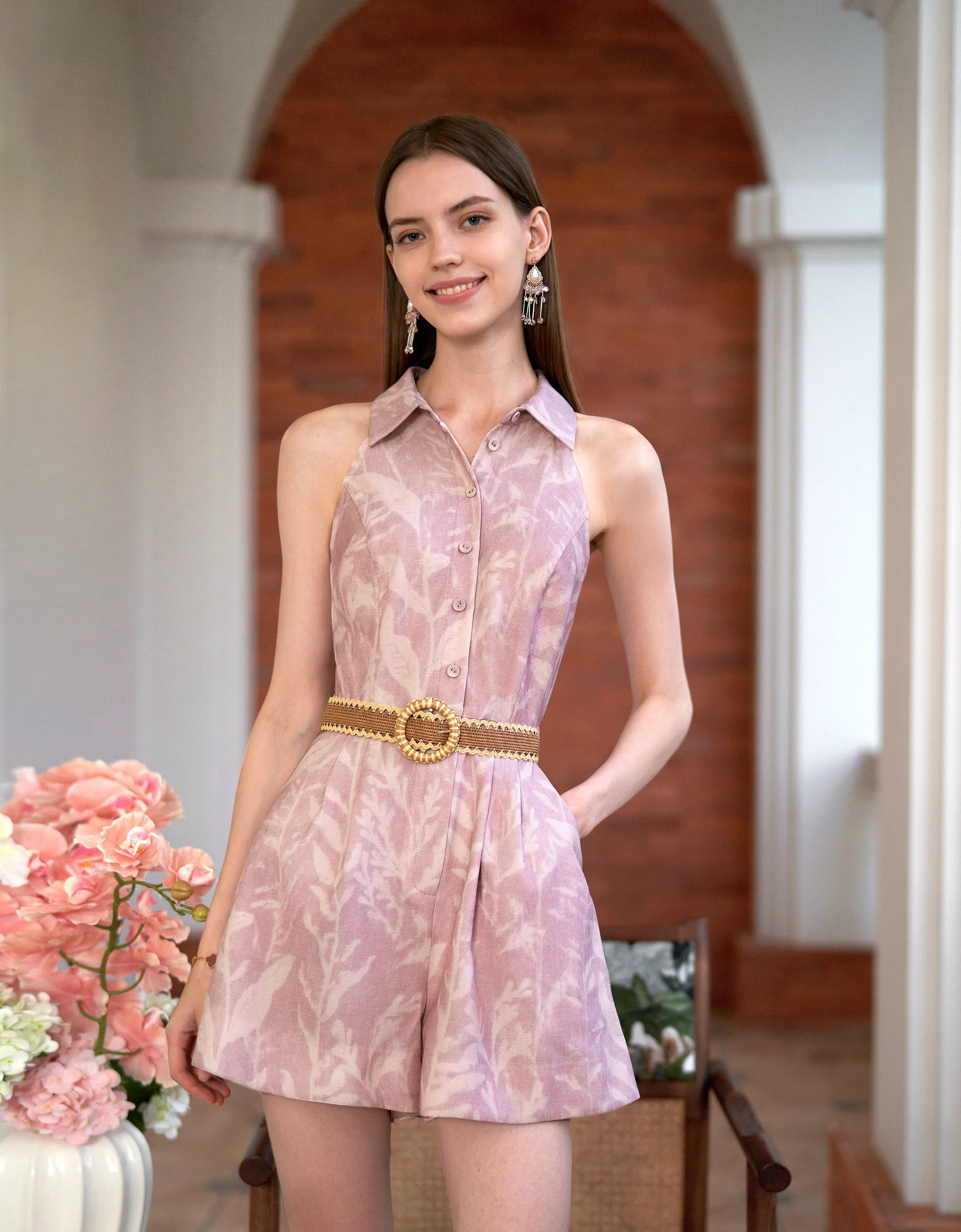 Button Front Flare Hem Romper - Image 11