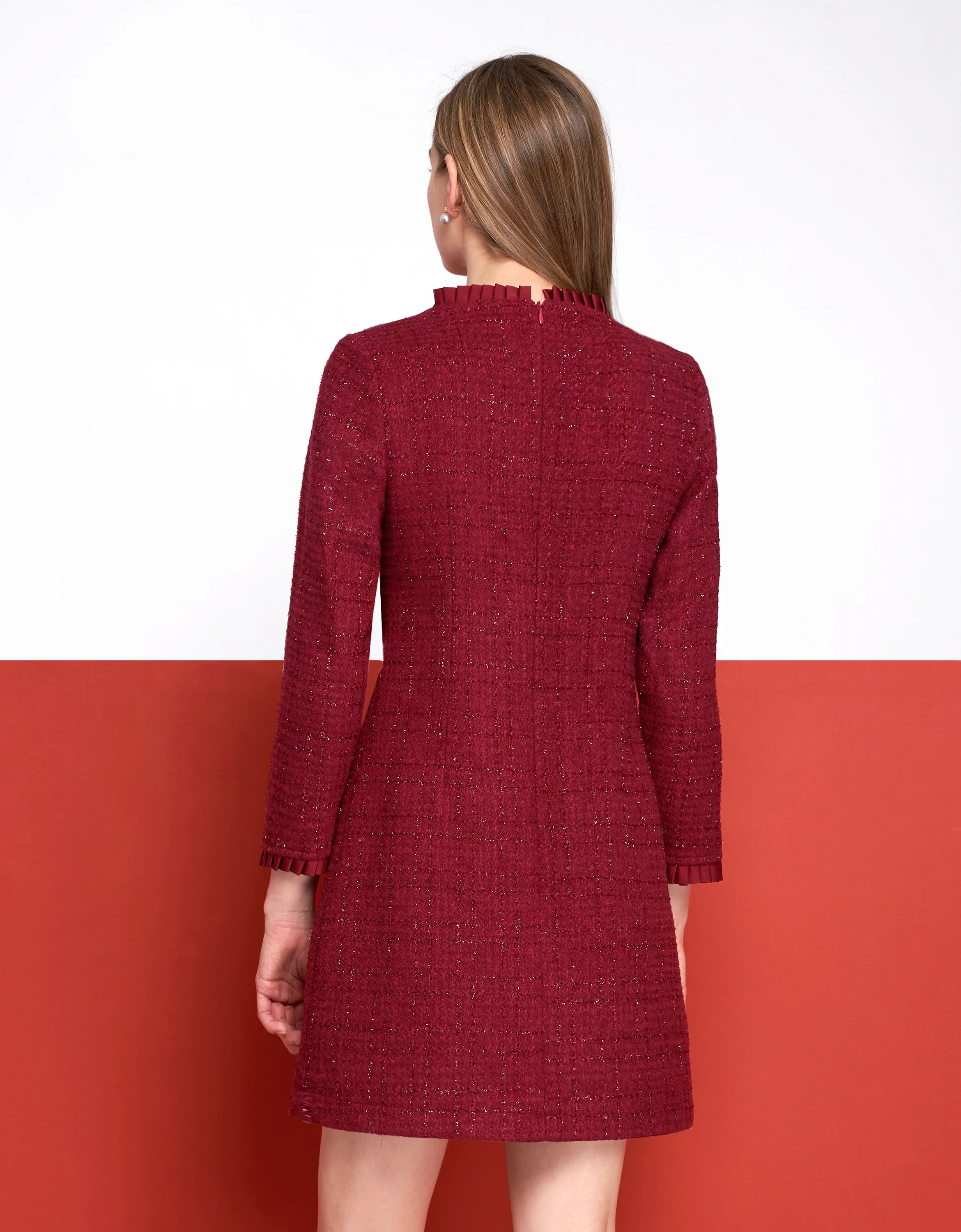 Button Front Long Sleeve Sequined Tweed Dress - Image 3