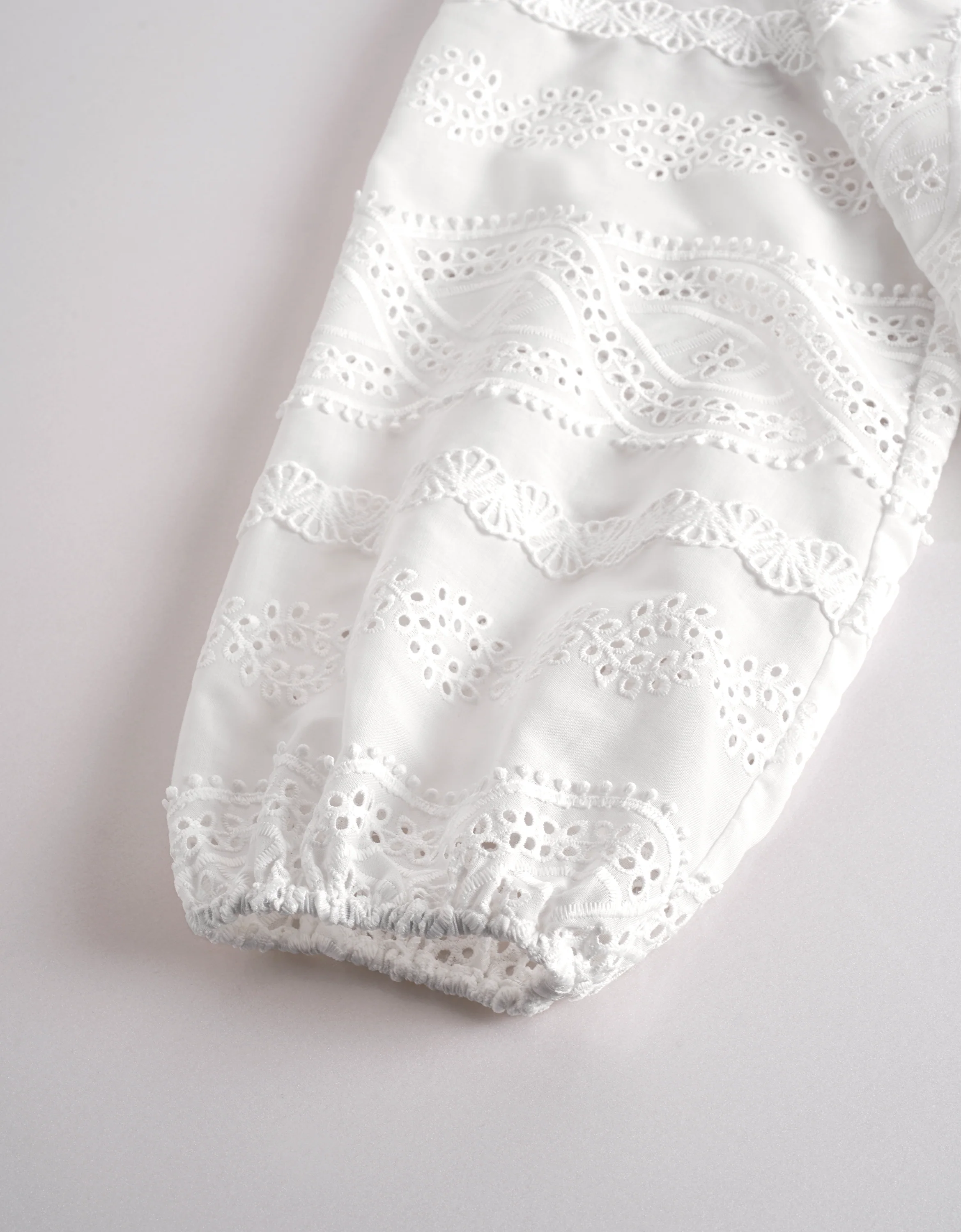 Button Front Neck Tie Long Sleeve Embroidered Top - Image 8
