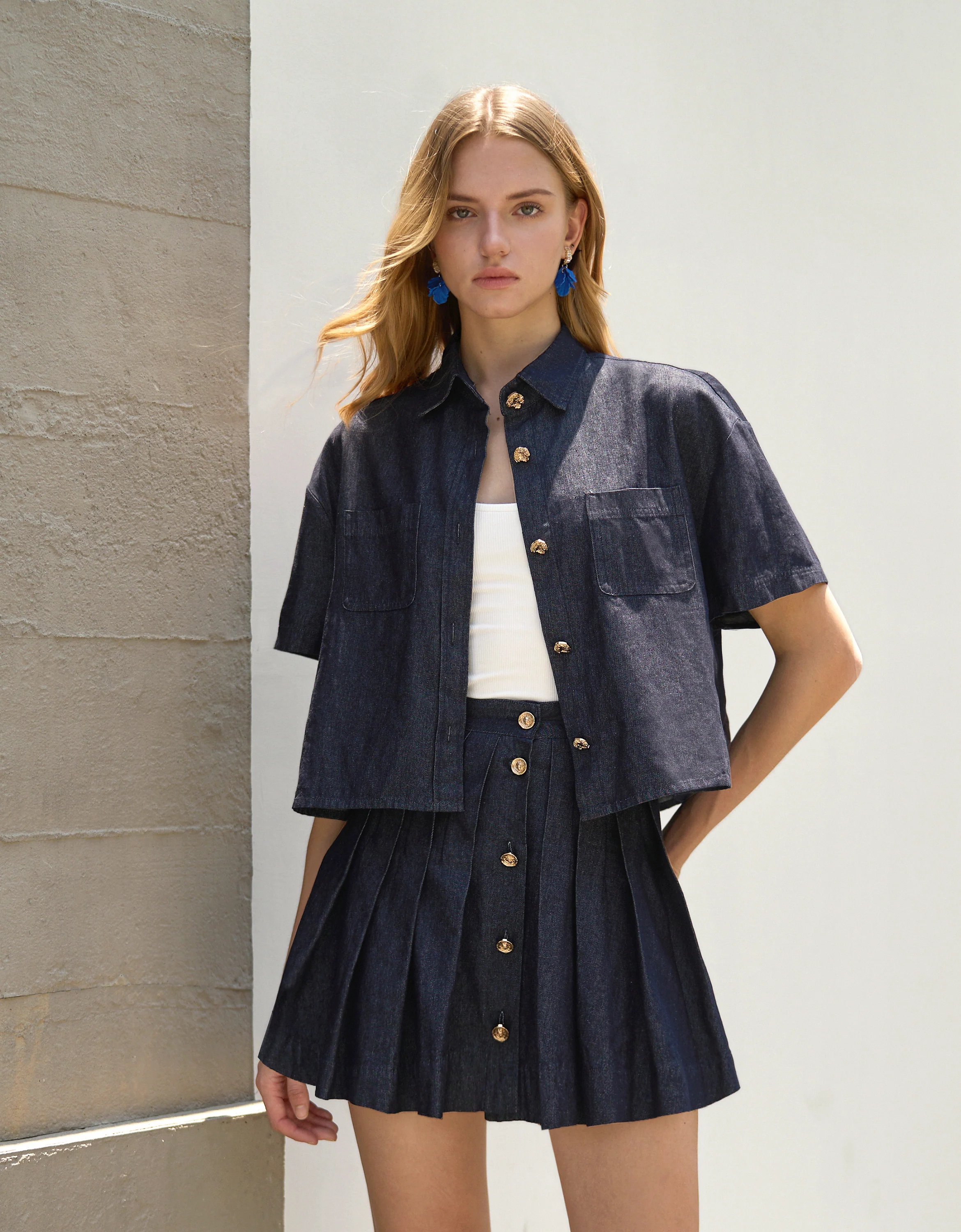 Button Front Pleated Denim Skirt - Image 3