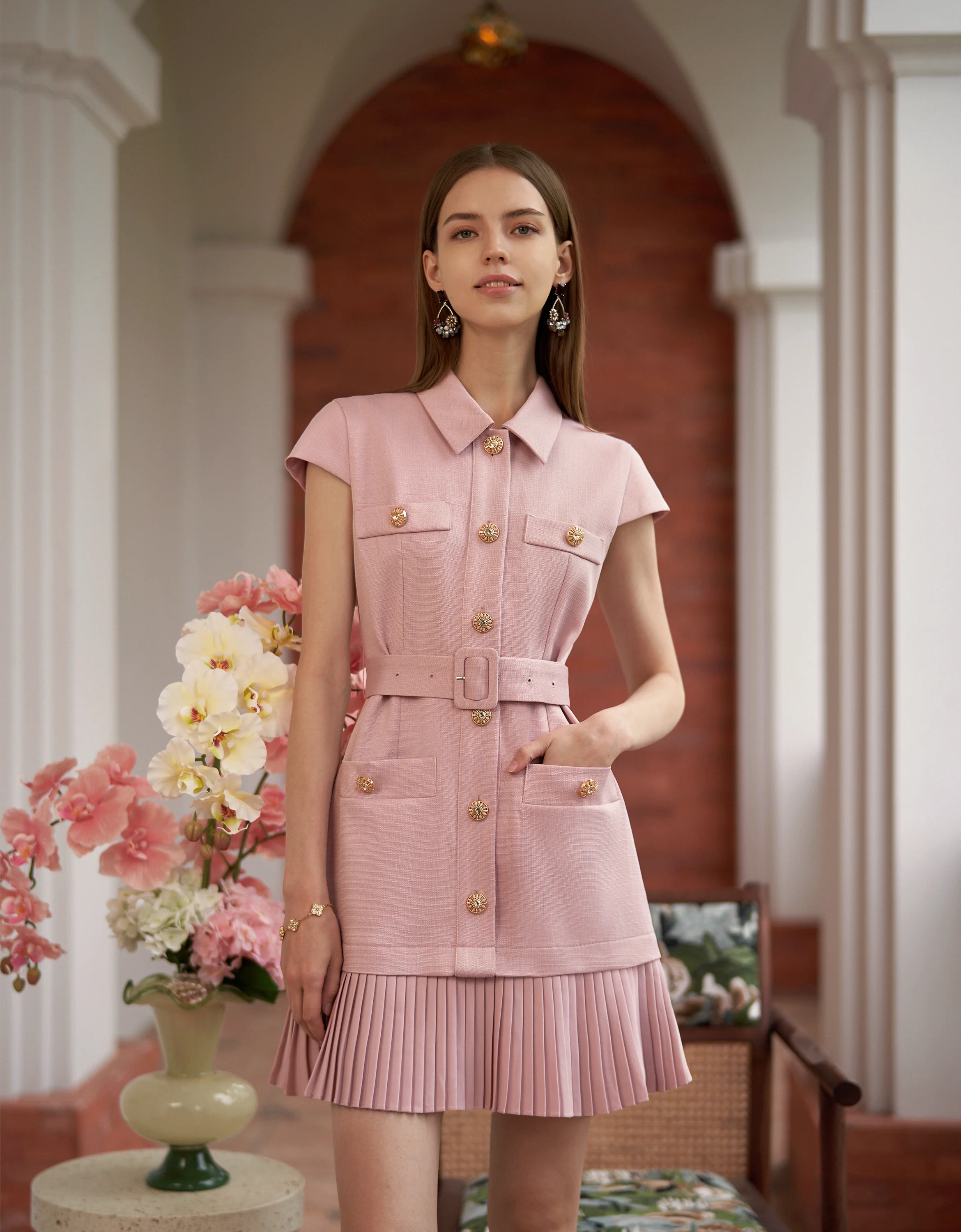 Button Front Pleated Hem Cap Sleeve Dress - Image 3