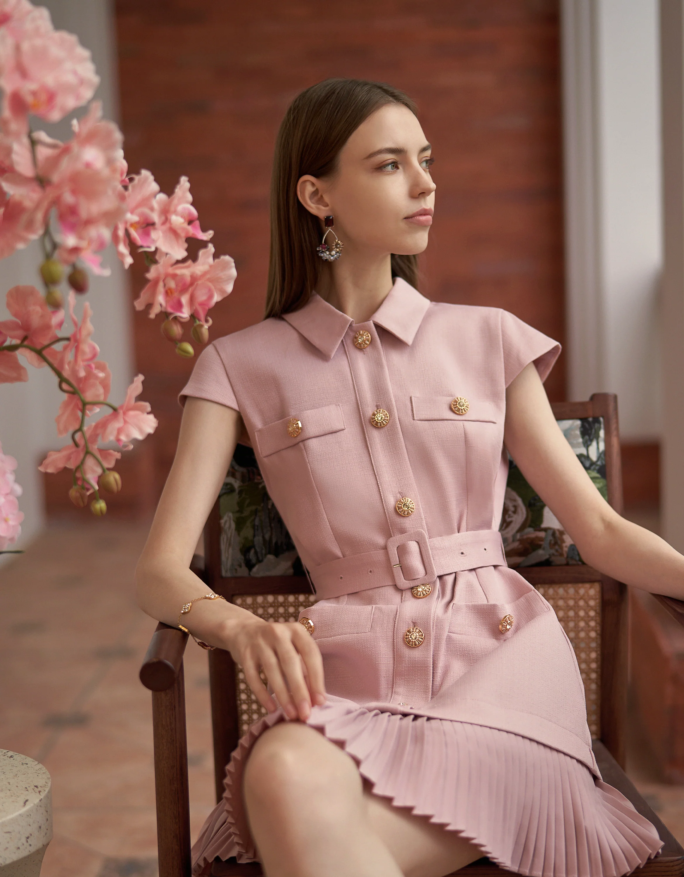 Button Front Pleated Hem Cap Sleeve Dress - Image 4