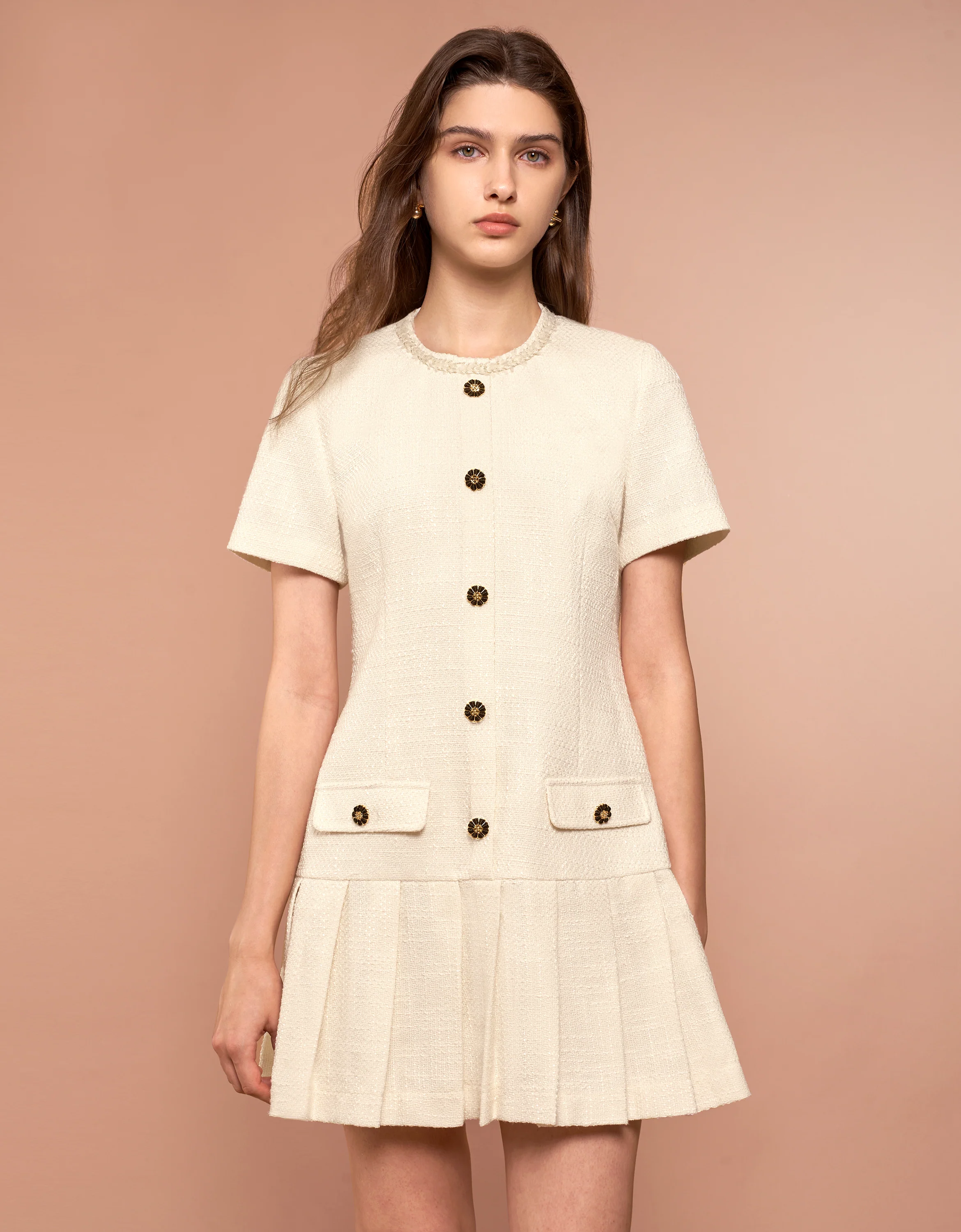 Button Front Pleated Hem Tweed Dress - Image 11