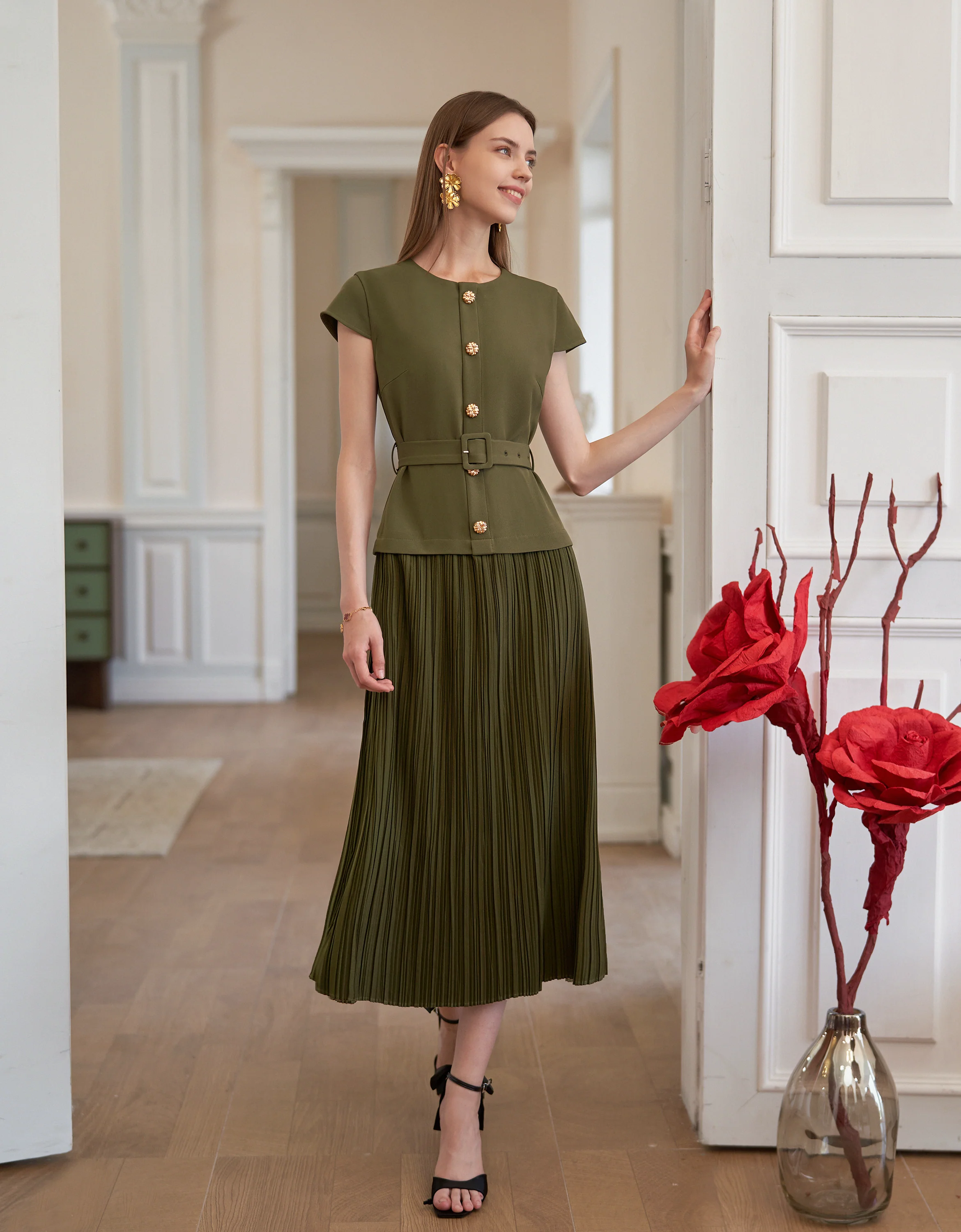 Button Front Pleated Skirt Cap Sleeve Dress - Image 2