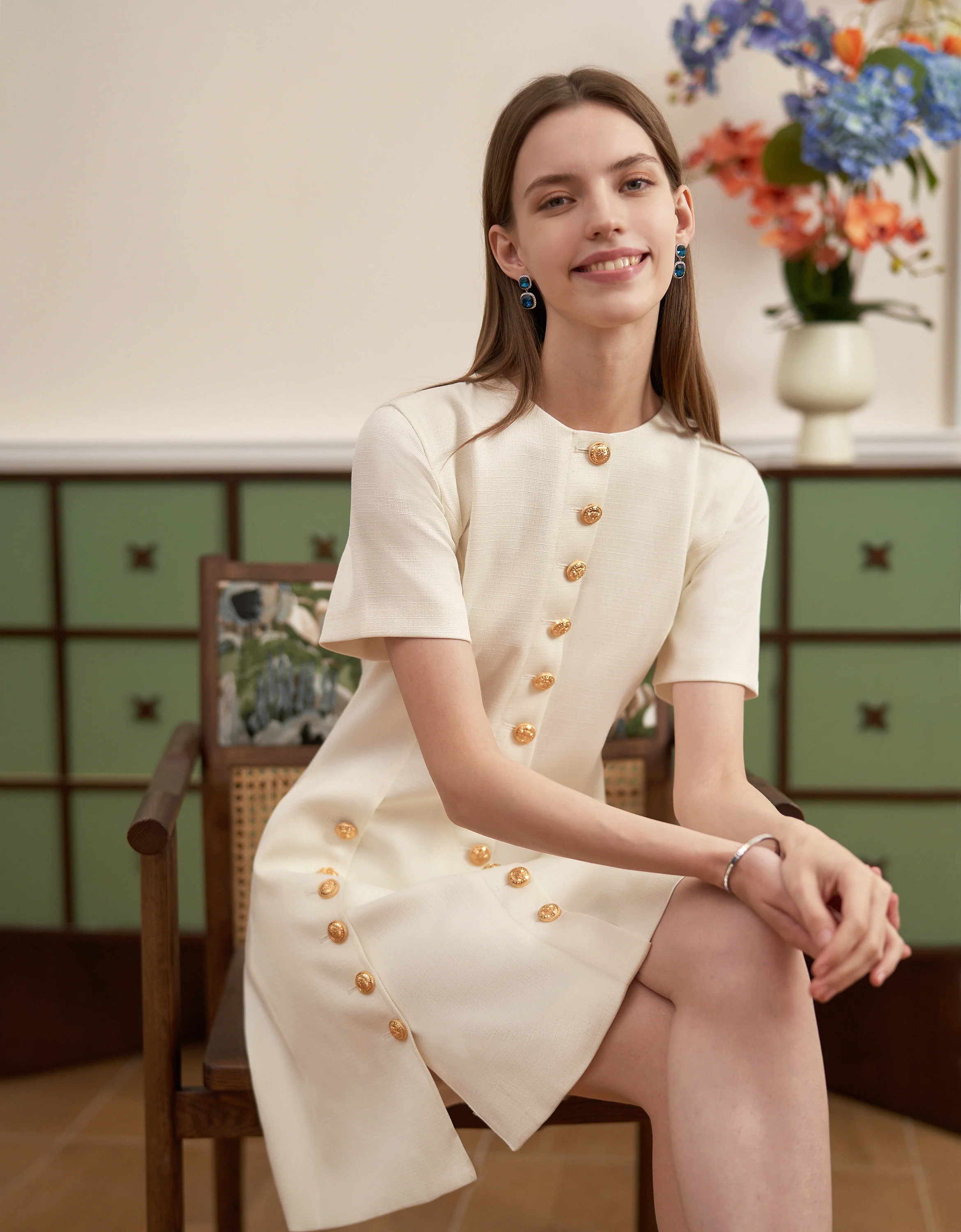 Button Front Round Neck A-line Dress - Image 2