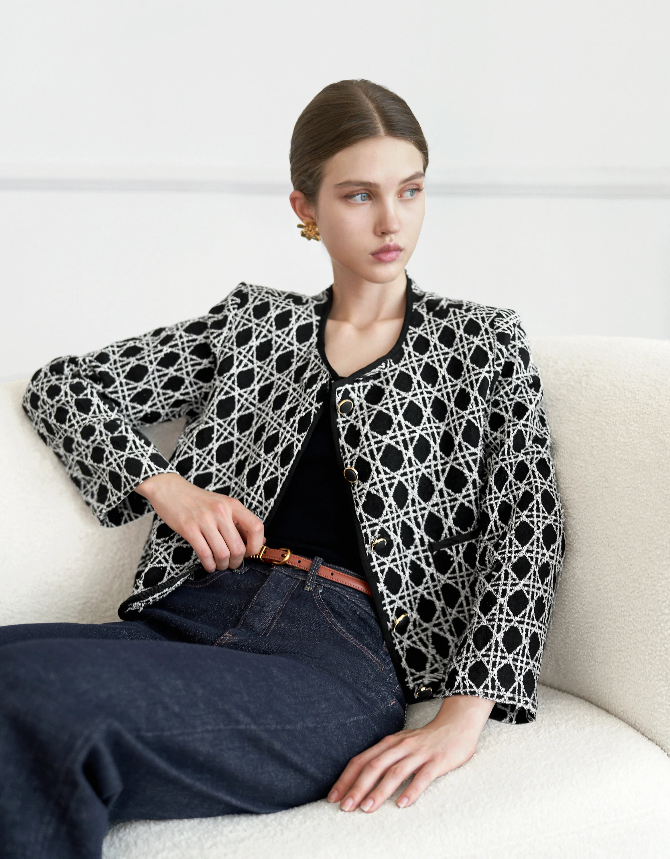 Button Front Round Neck Checkered Jacket - Image 3