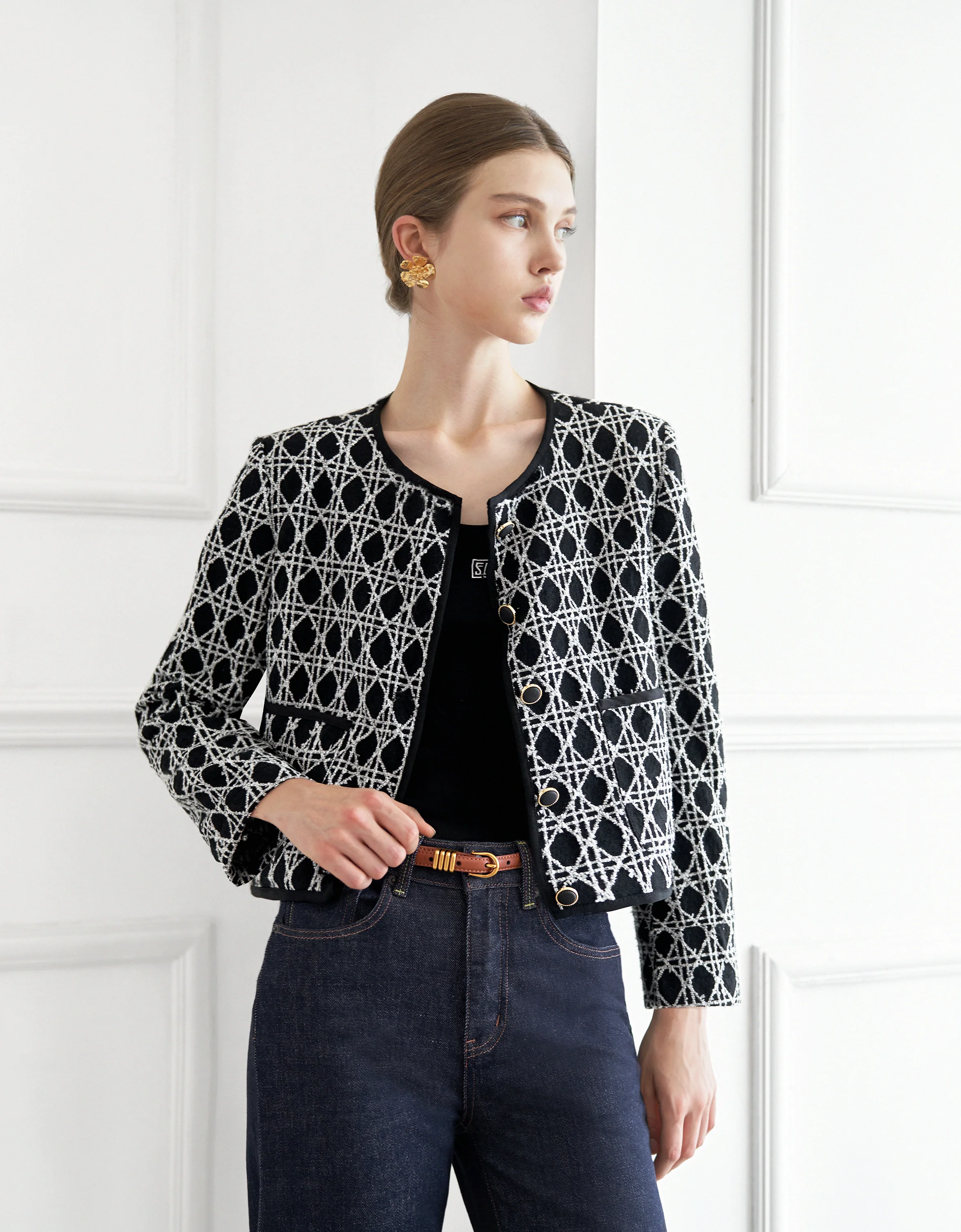 Button Front Round Neck Checkered Jacket - Image 4