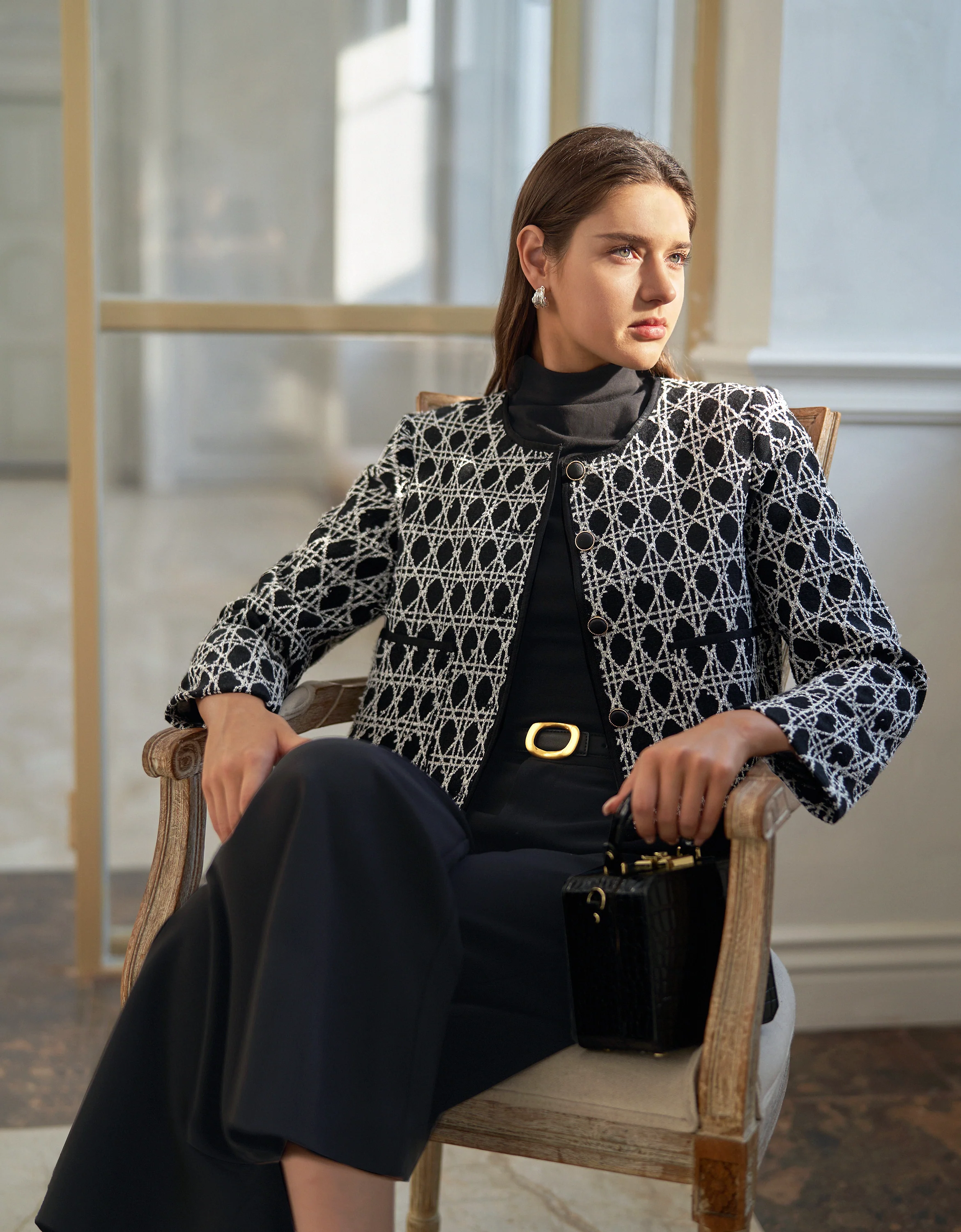 Button Front Round Neck Checkered Jacket - Image 8