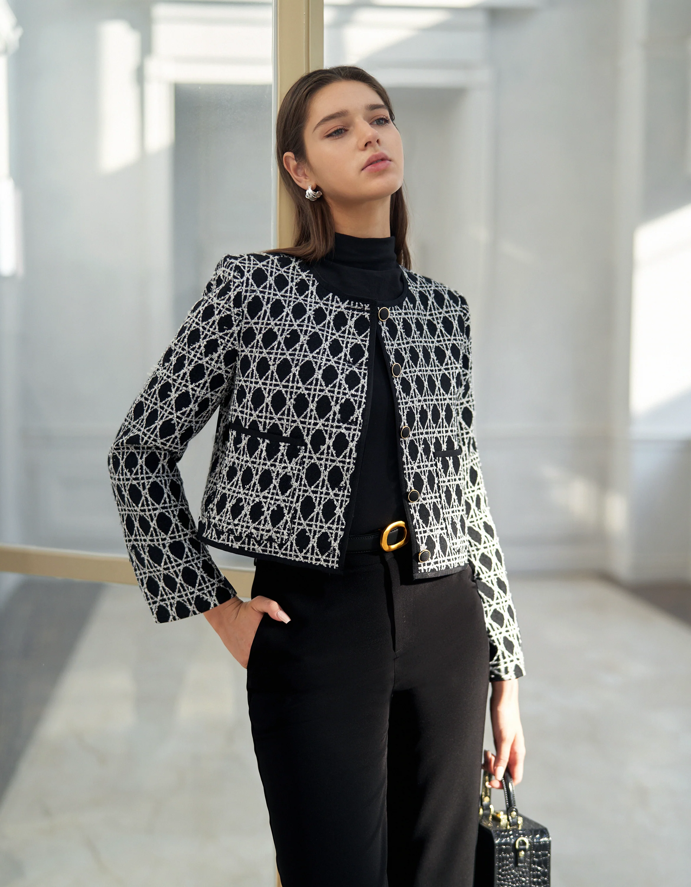 Button Front Round Neck Checkered Jacket - Image 9
