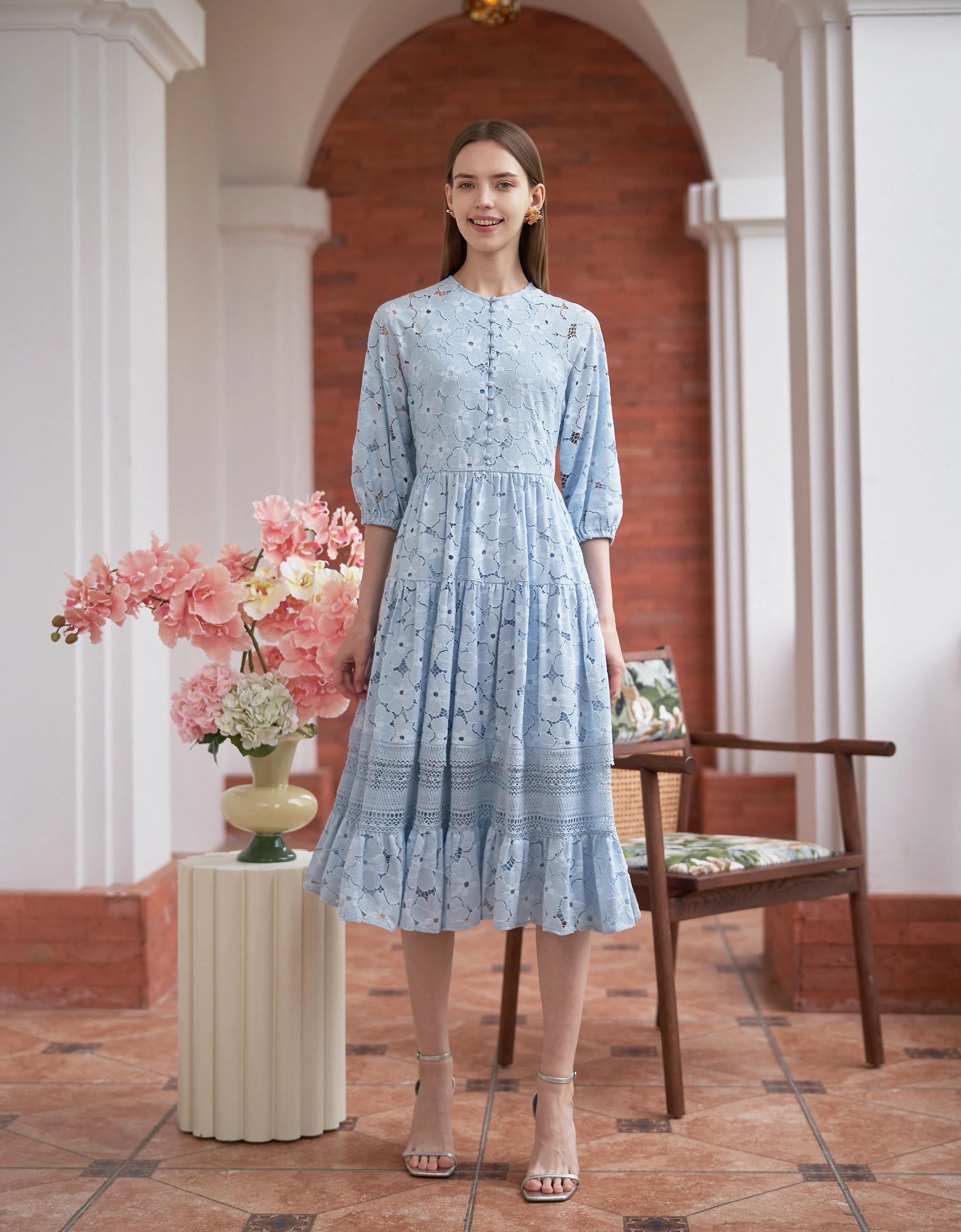 Button Front Ruffled Skirt Lace Dress - Image 2