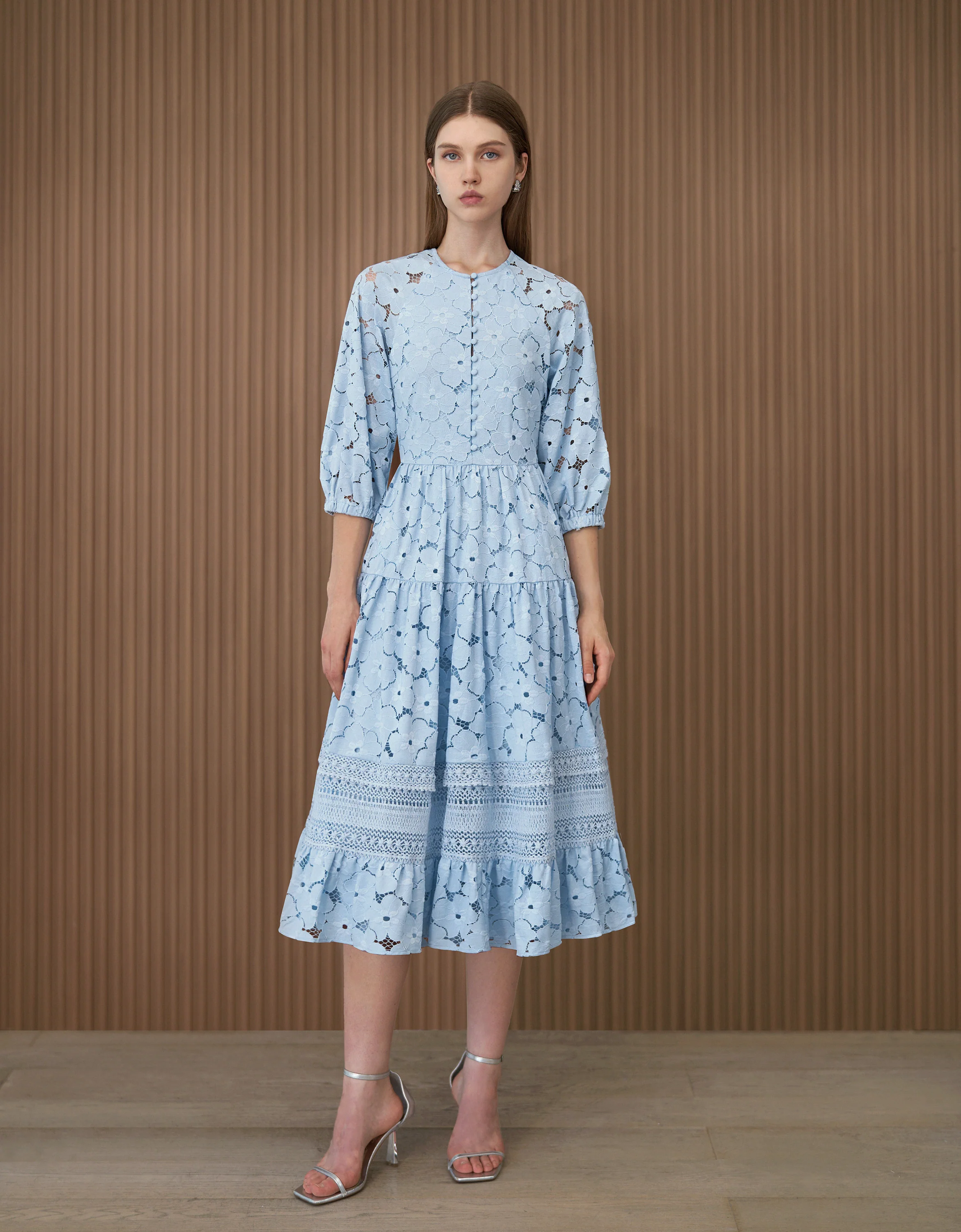 Button Front Ruffled Skirt Lace Dress - Image 3