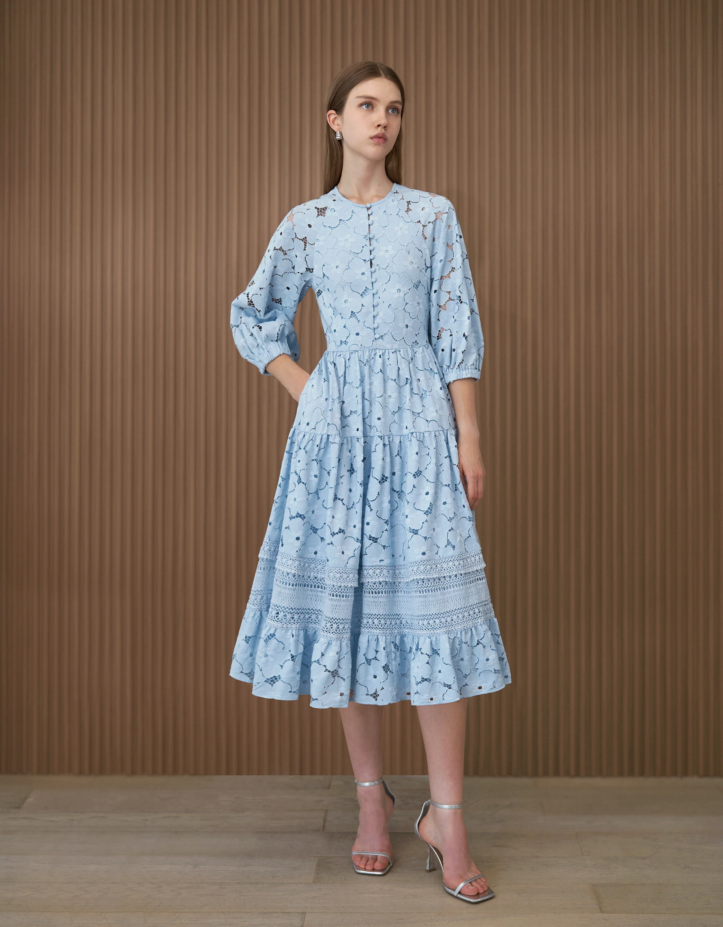 Button Front Ruffled Skirt Lace Dress - Image 4