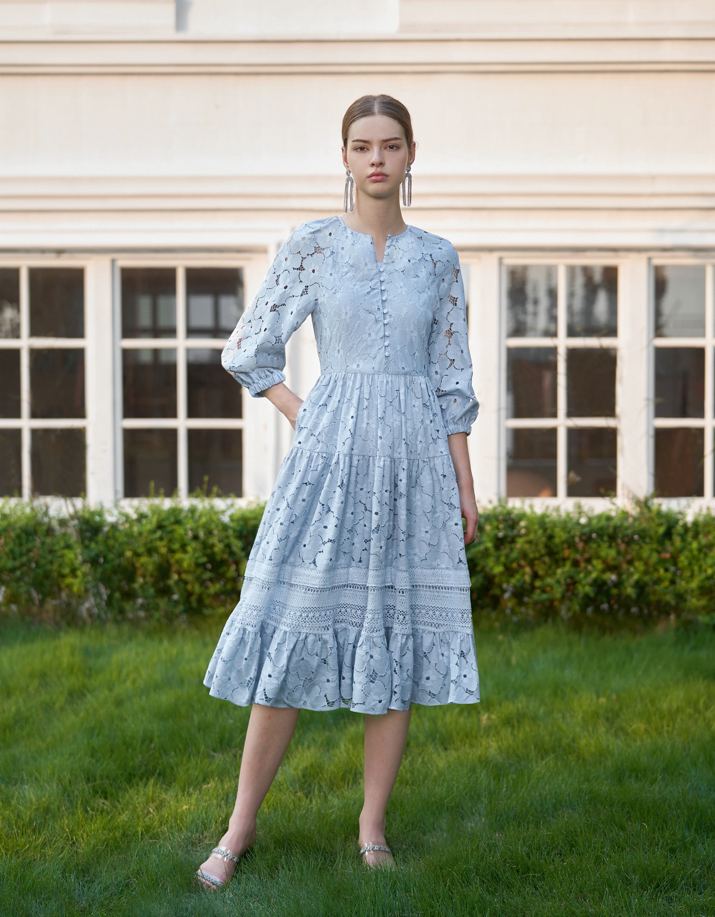 Button Front Ruffled Skirt Lace Dress - Image 7