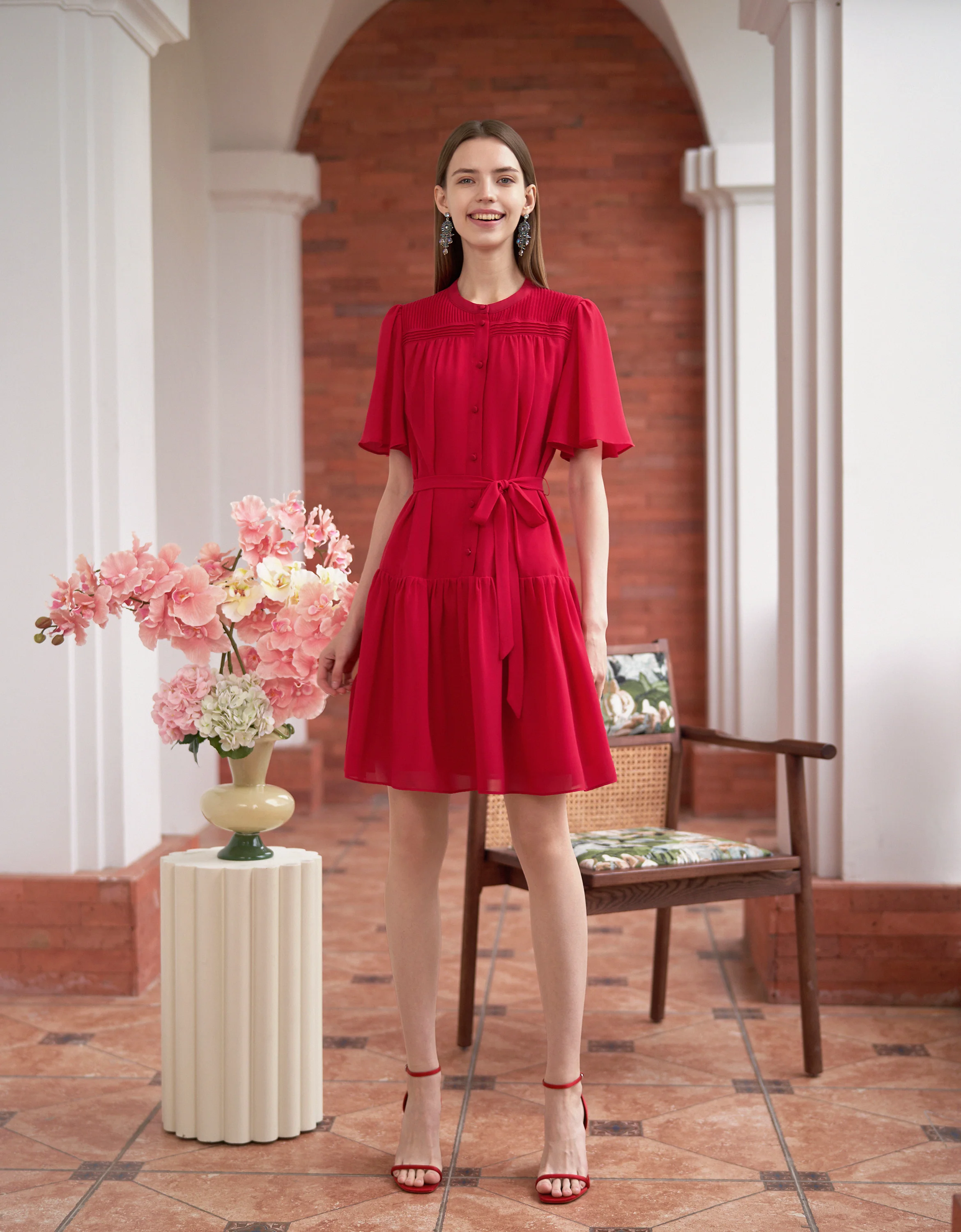 Button Front Ruffled Sleeves Round Neck Dress - Image 2