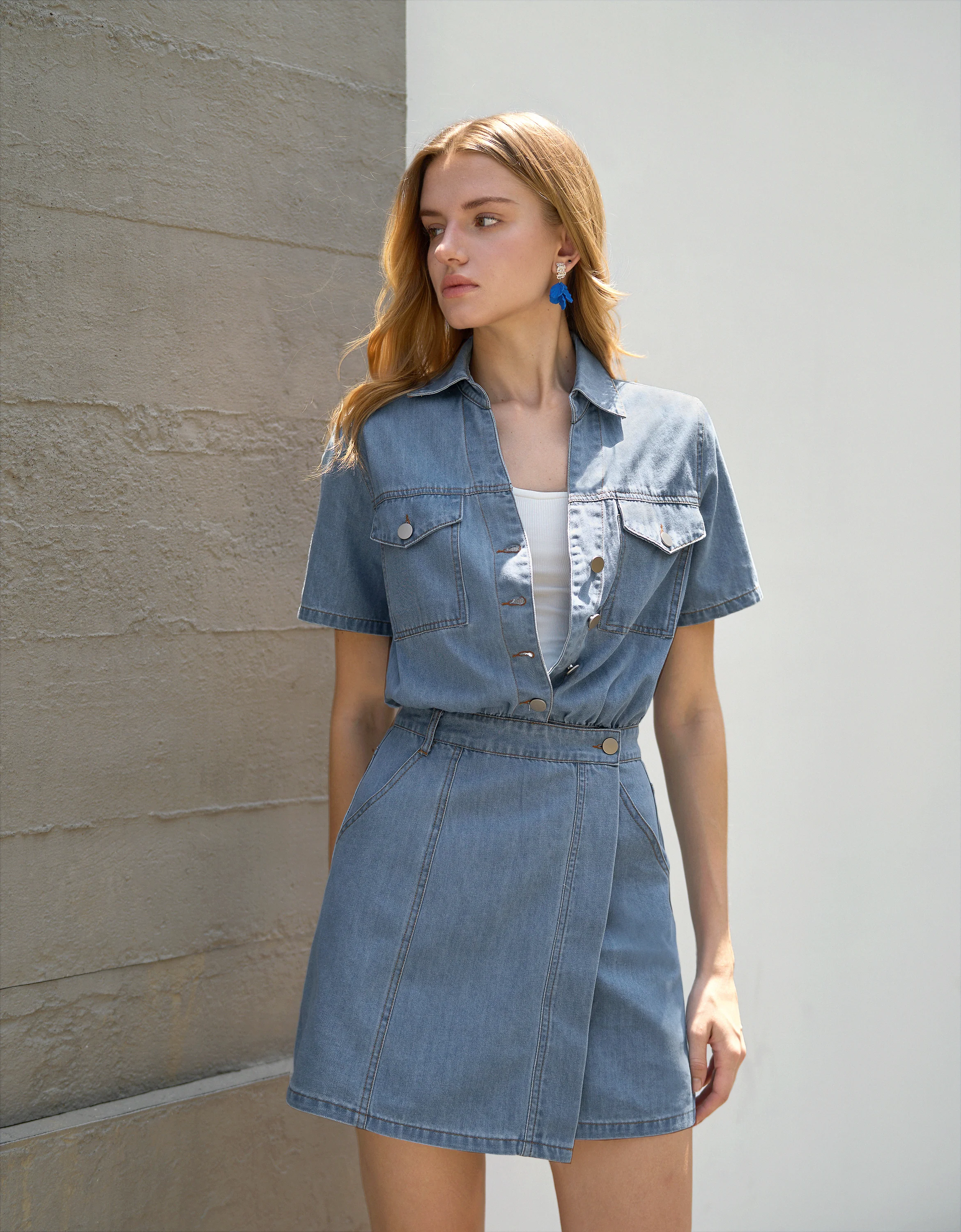 Button Front Short Sleeve Denim Dress