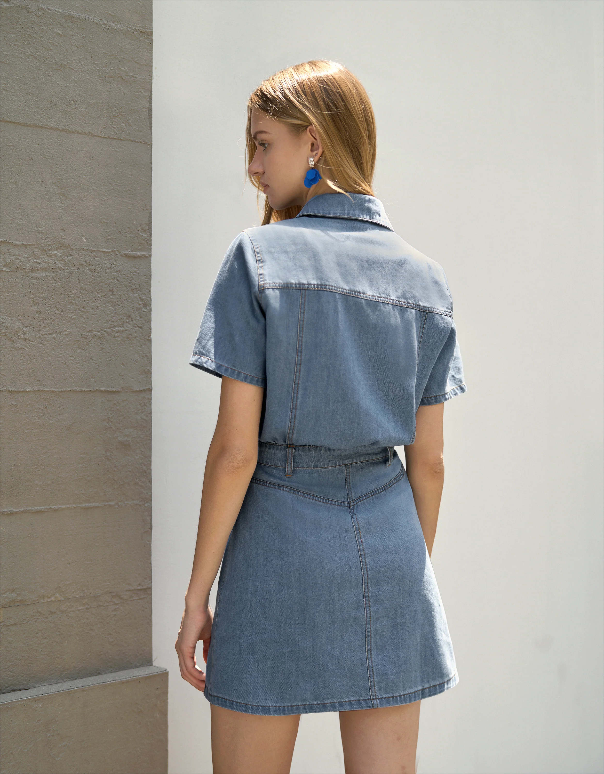 Button Front Short Sleeve Denim Dress - Image 4