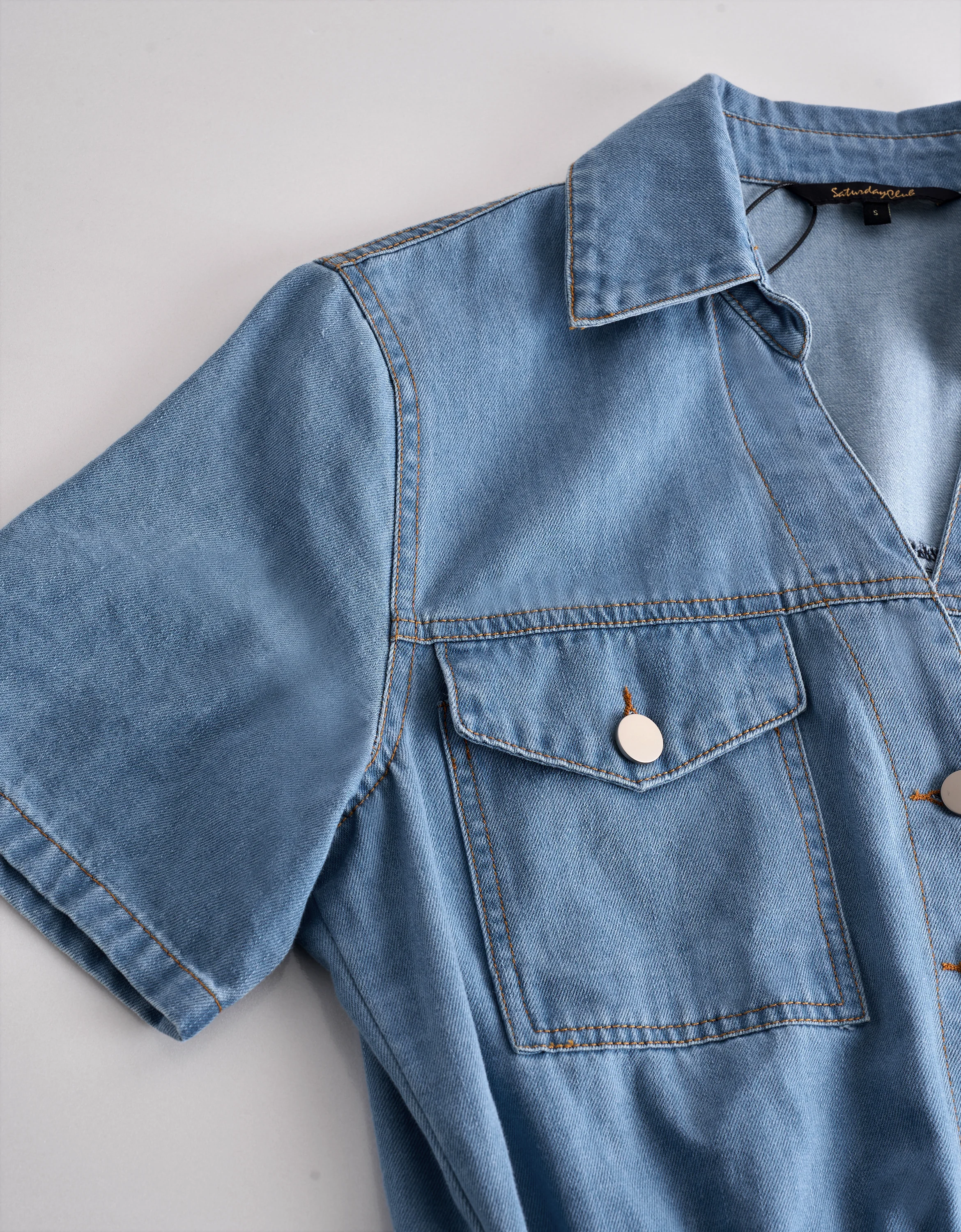 Button Front Short Sleeve Denim Dress - Image 5