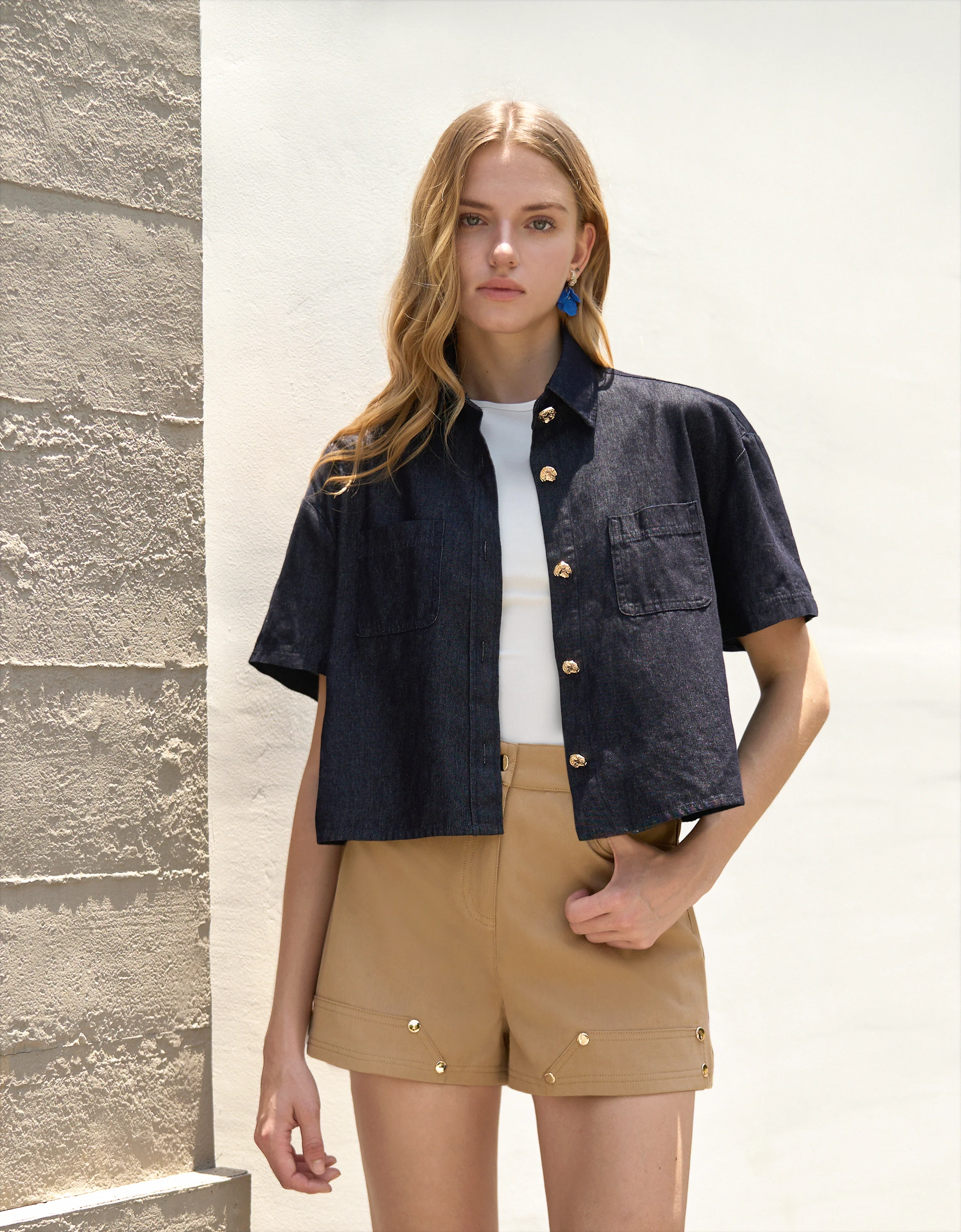 Button Front Short Sleeve Denim Shirt - Image 4