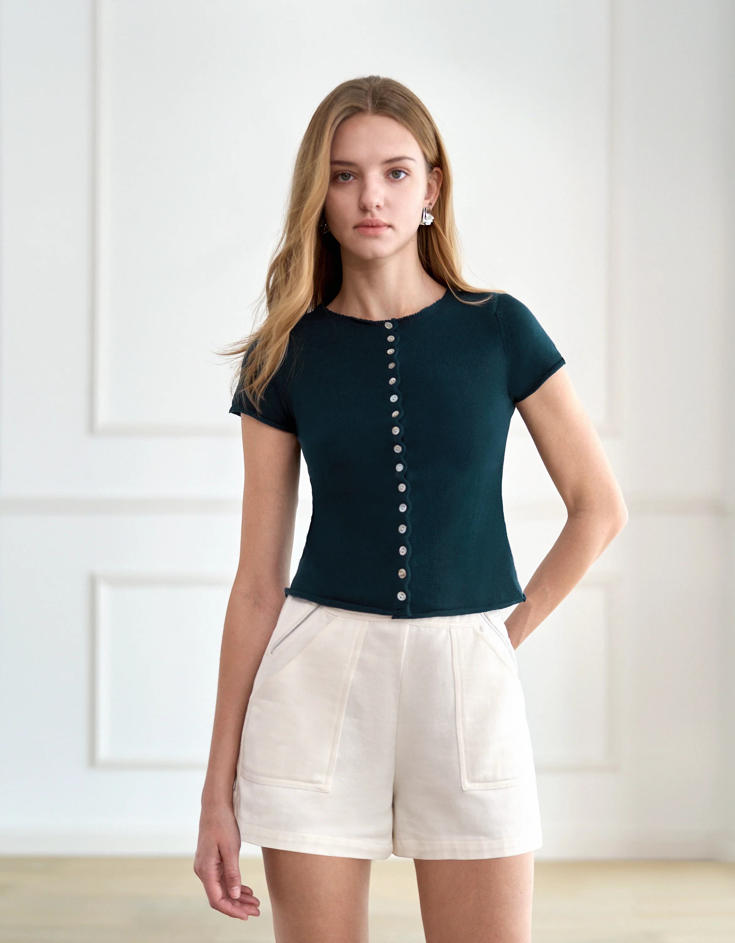 Button Front Short Sleeve Knit Top