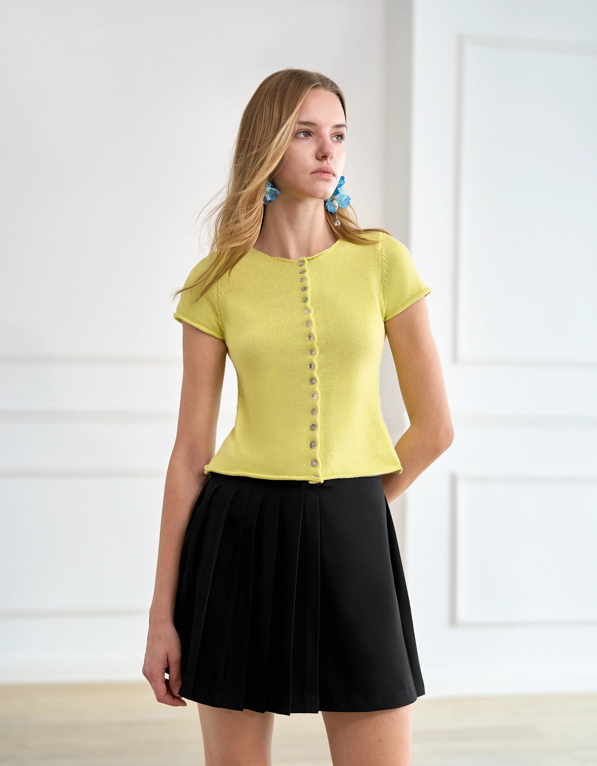 Button Front Short Sleeve Knit Top - Image 8