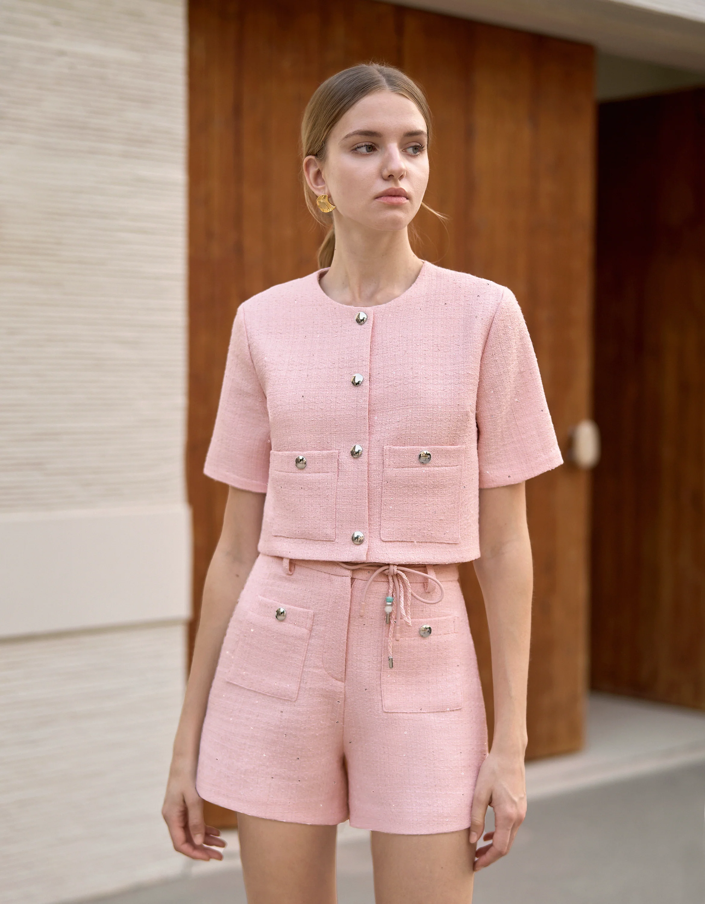 Button Front Short Sleeve Tweed Cropped Top - Image 3
