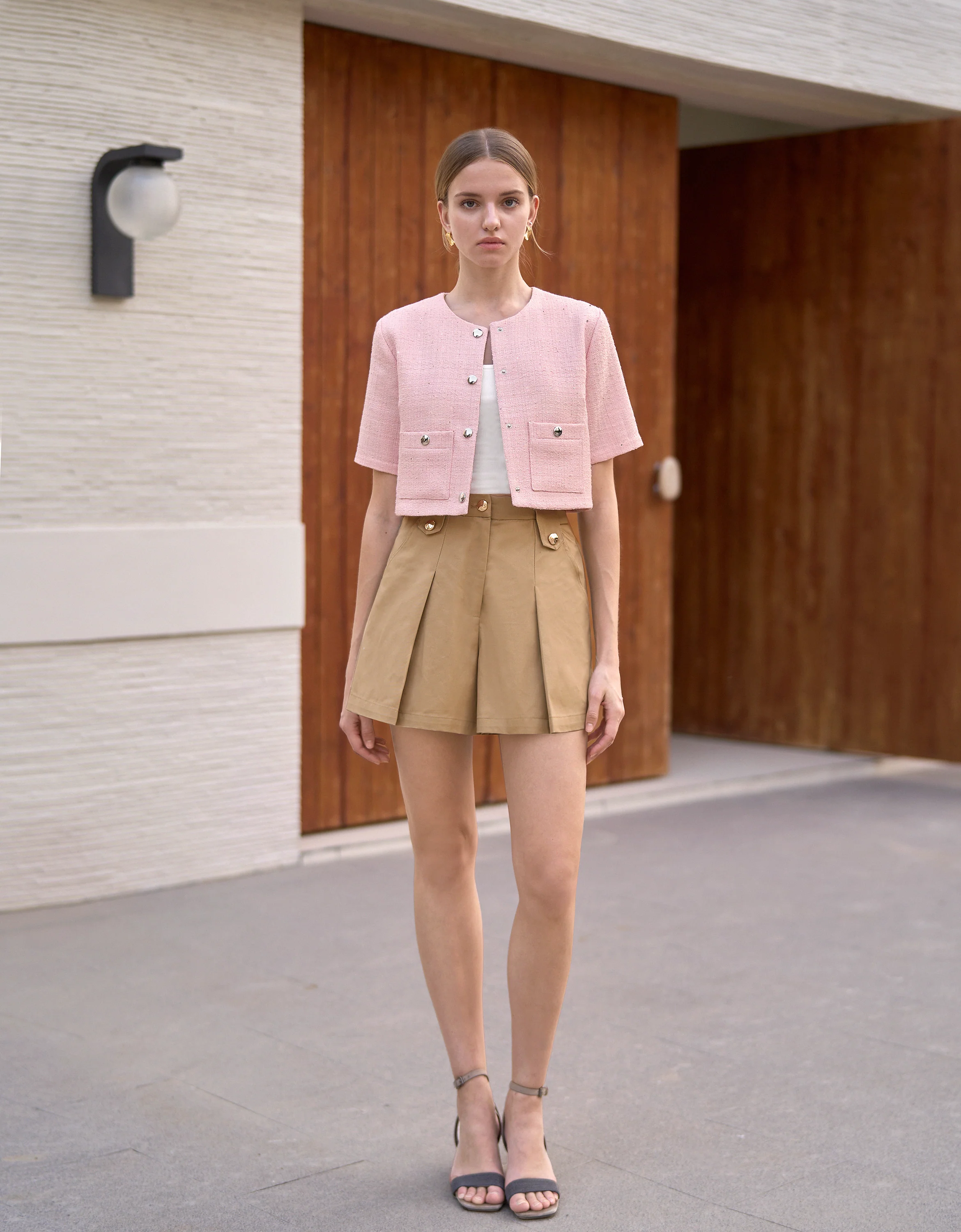 Button Front Short Sleeve Tweed Cropped Top - Image 5