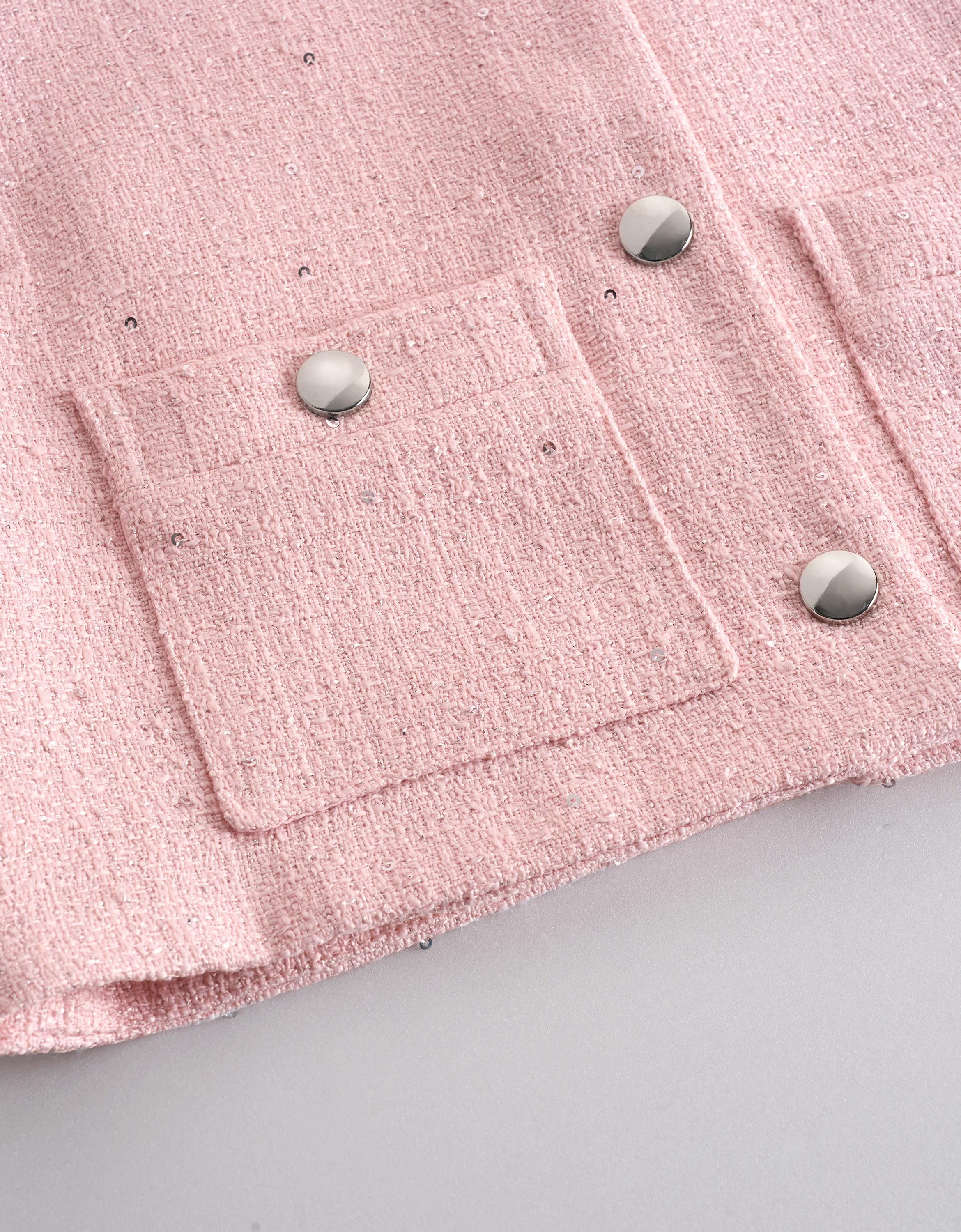 Button Front Short Sleeve Tweed Cropped Top - Image 7