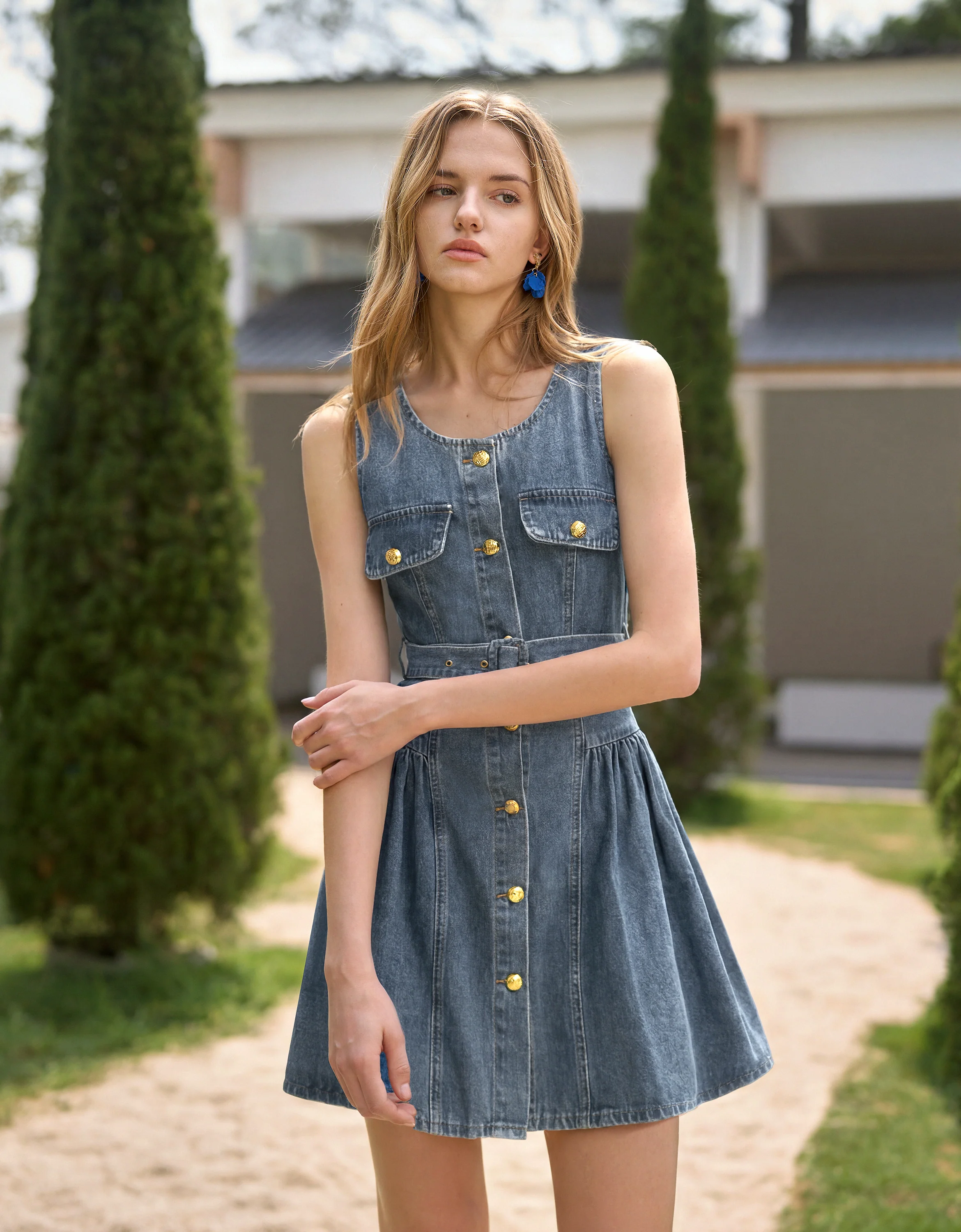 Button Front Sleeveless Denim Dress