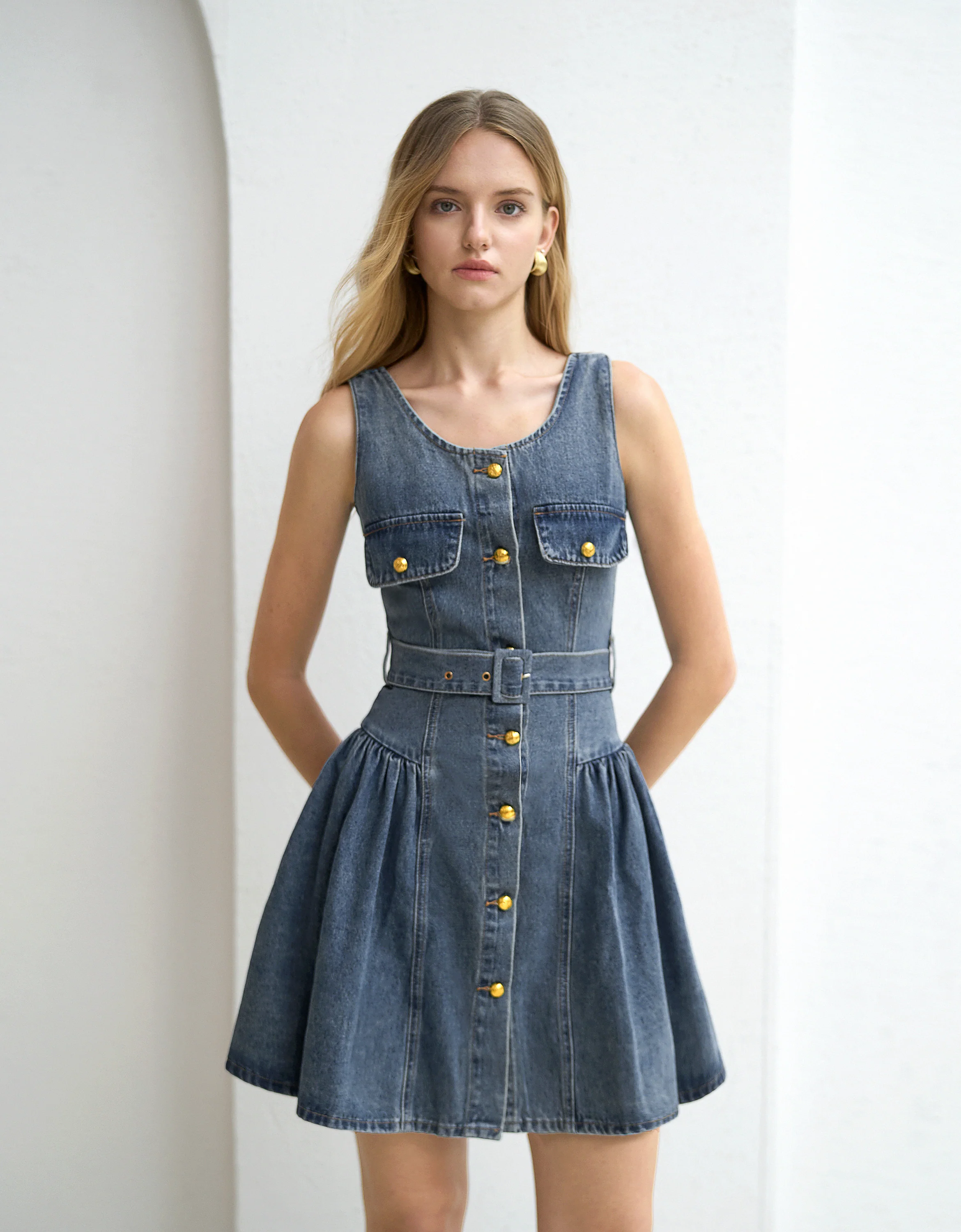 Button Front Sleeveless Denim Dress - Image 4