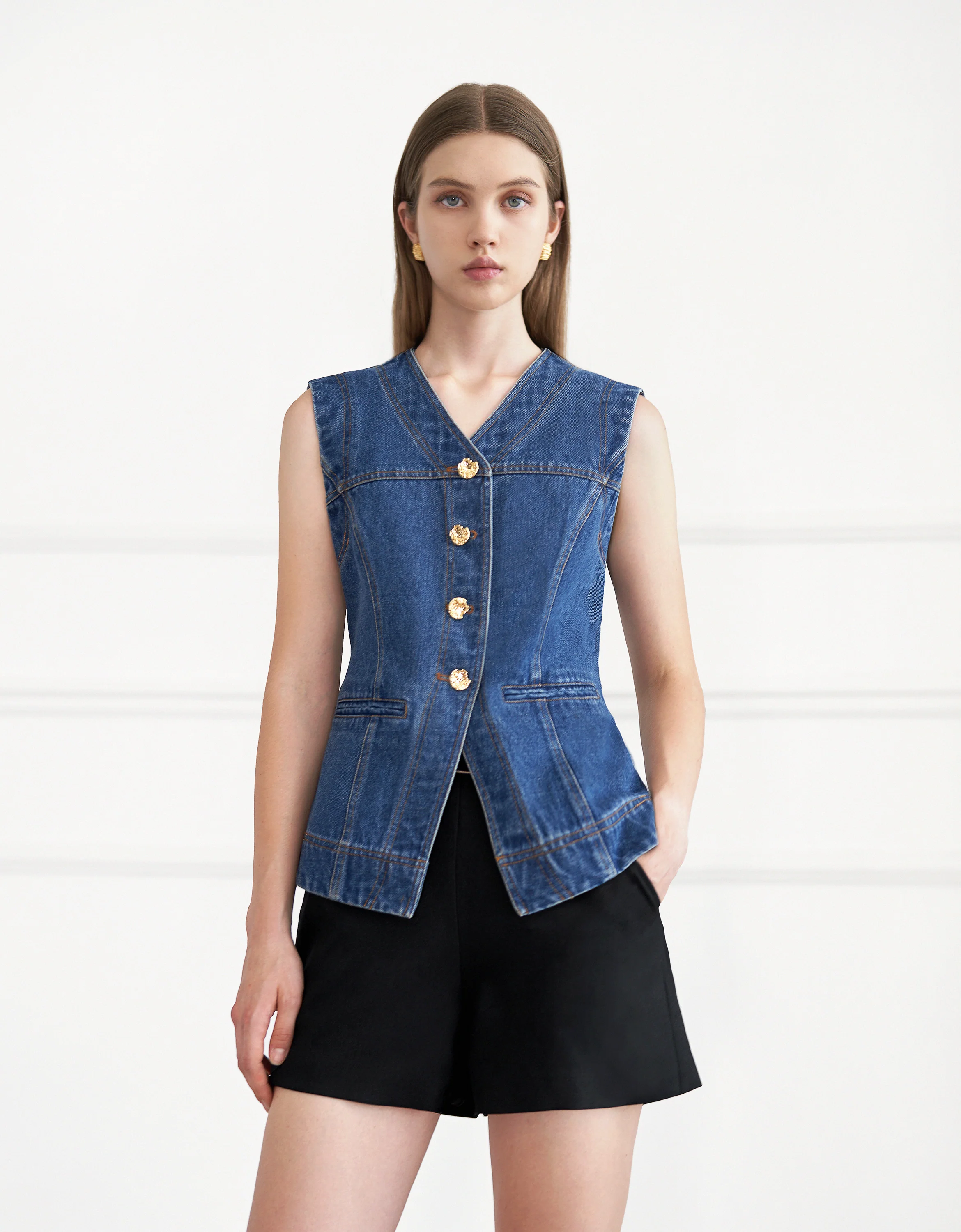 Button Front Sleeveless Denim Vest - Image 4
