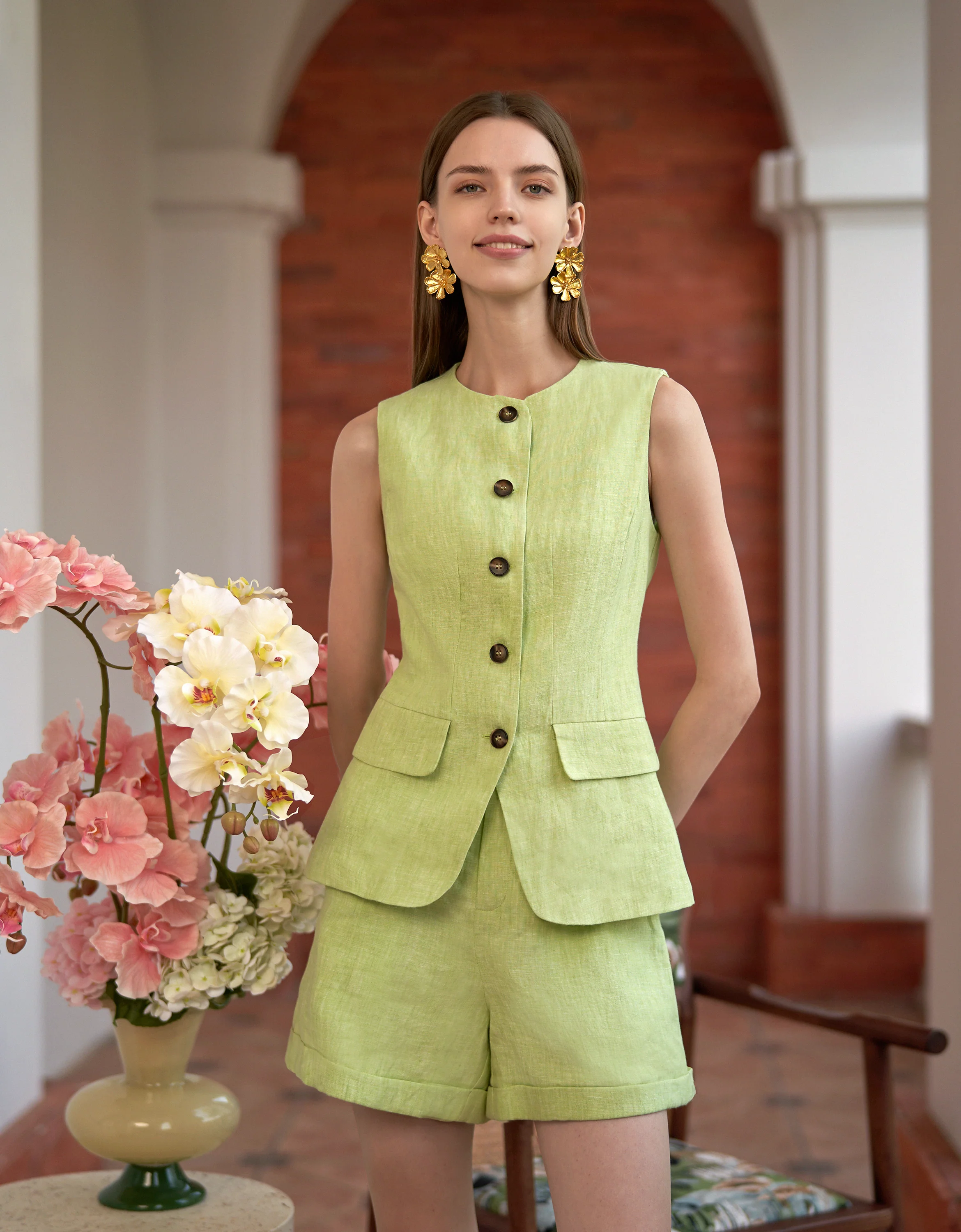 Button Front Sleeveless Linen Vest - Image 9