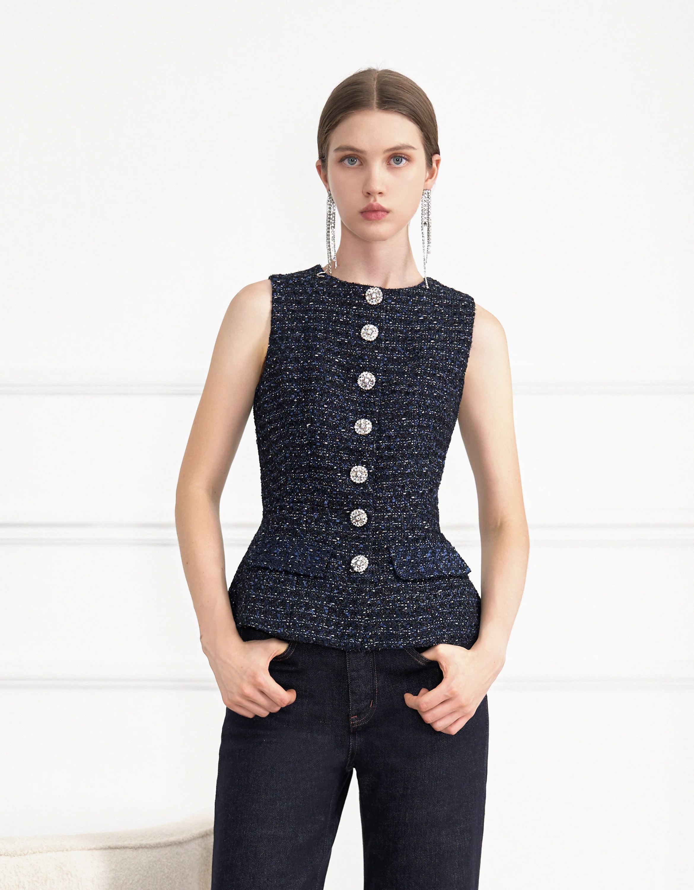 Button Front Sleeveless Tweed Vest - Image 10