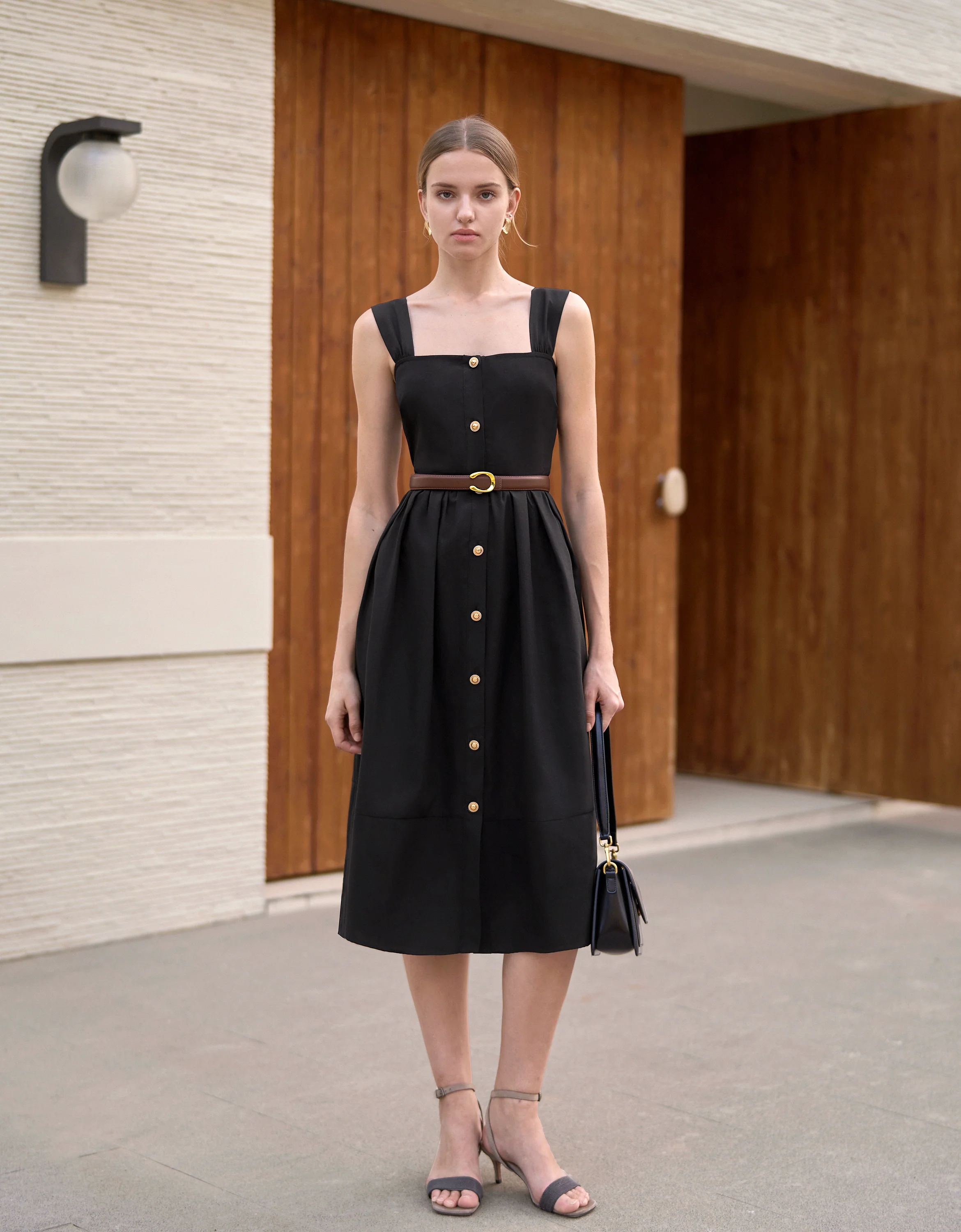 Button Front Square Neck Midi Dress