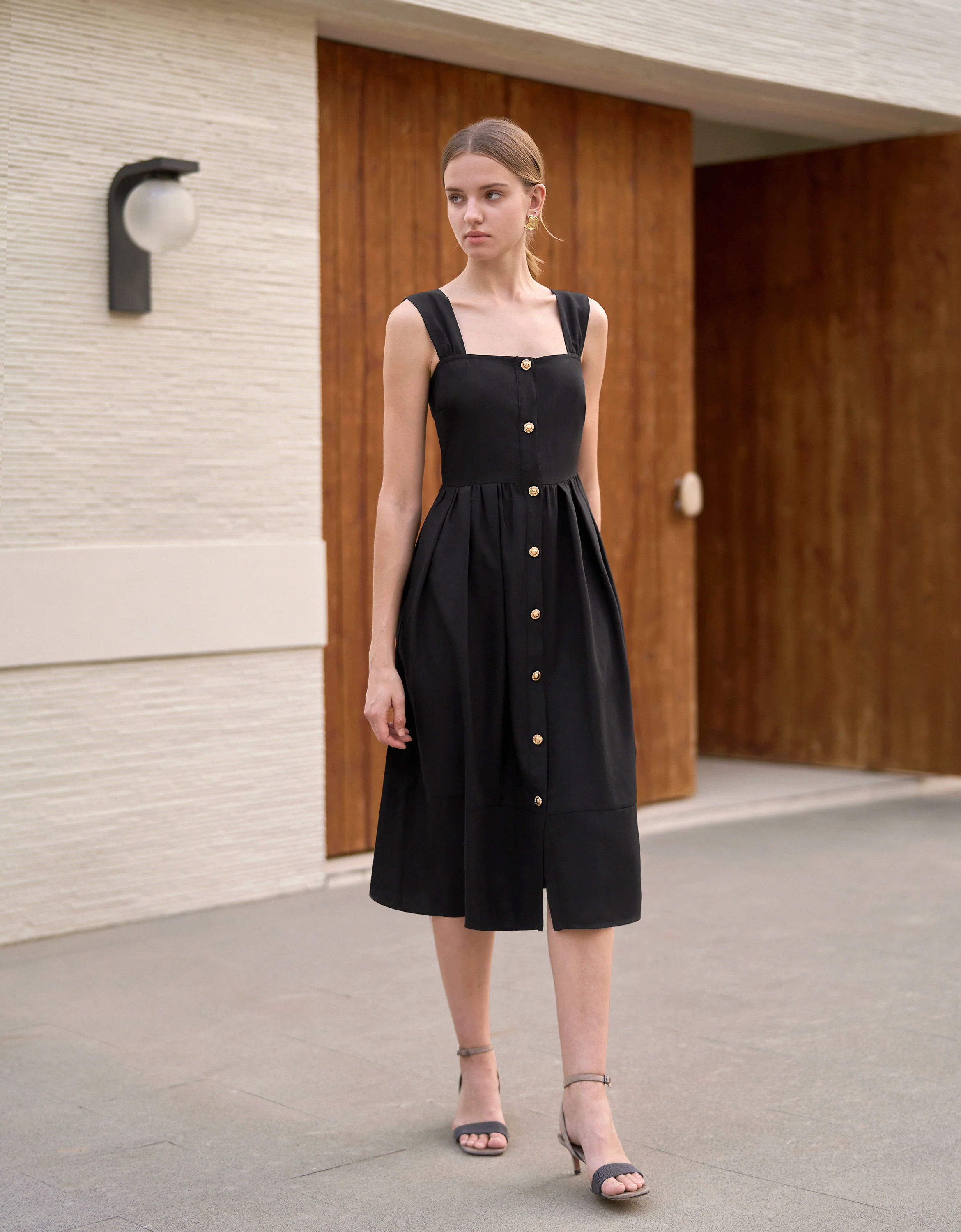 Button Front Square Neck Midi Dress - Image 2
