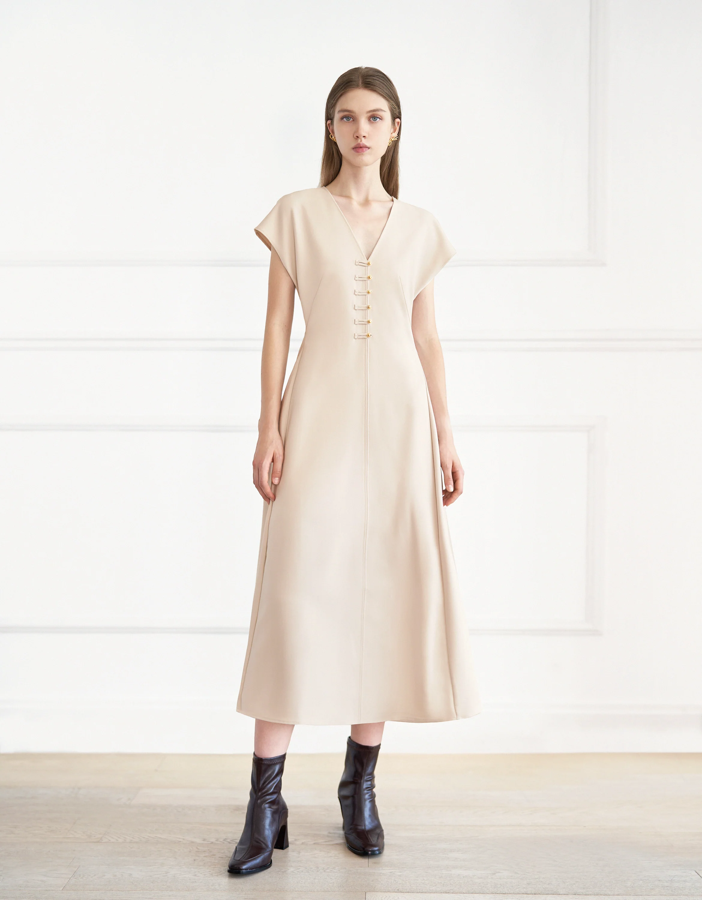 Button Front V-neck Midi Dress